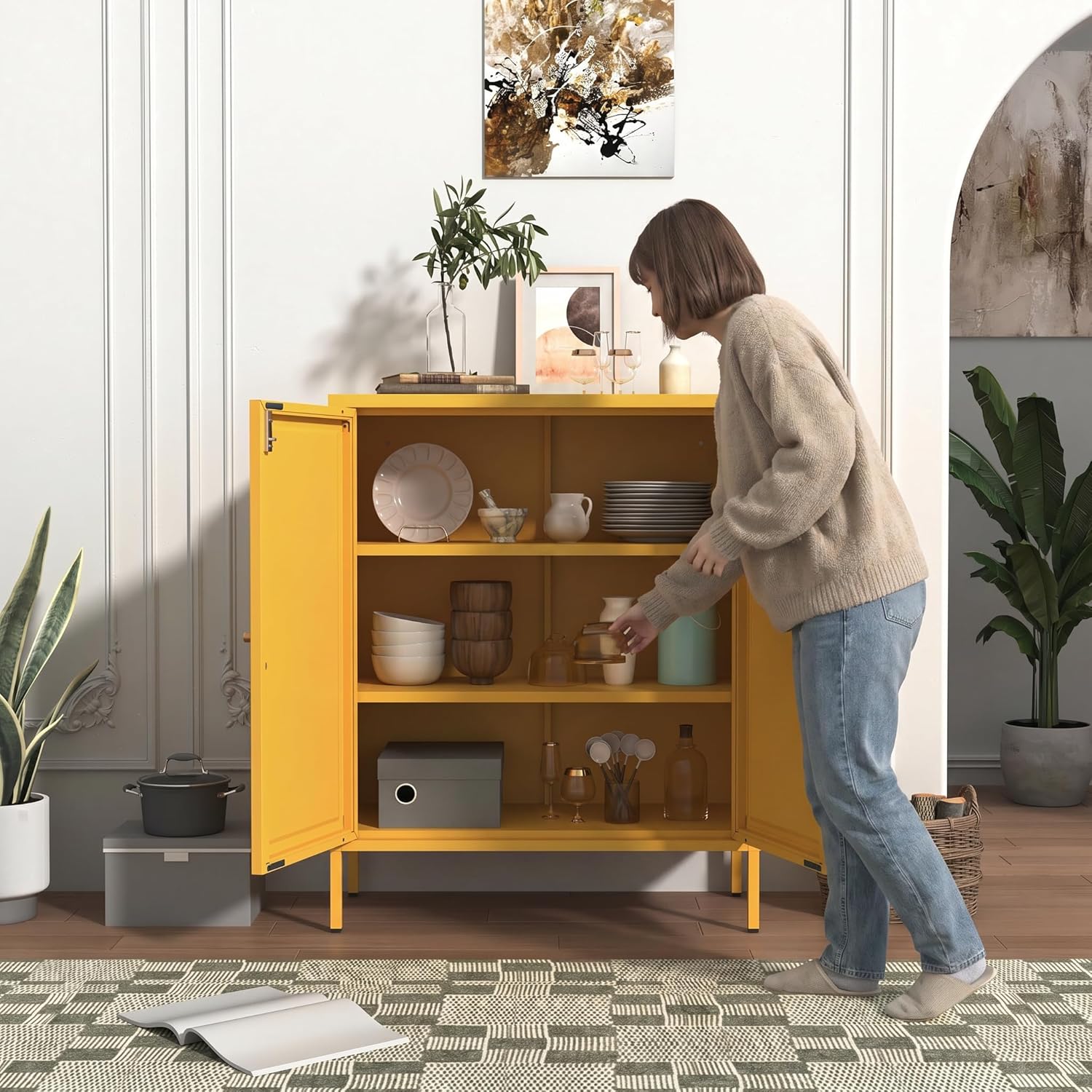 Lockable Metal Storage Cabinet Double Door Metal Cabinet Home Decor Cabinet with Adjustable Shelves Coffee Bar Cabinet Suitable for Living Room and Dining room Yellow : 13.8"D x 31.5"W x 36"H