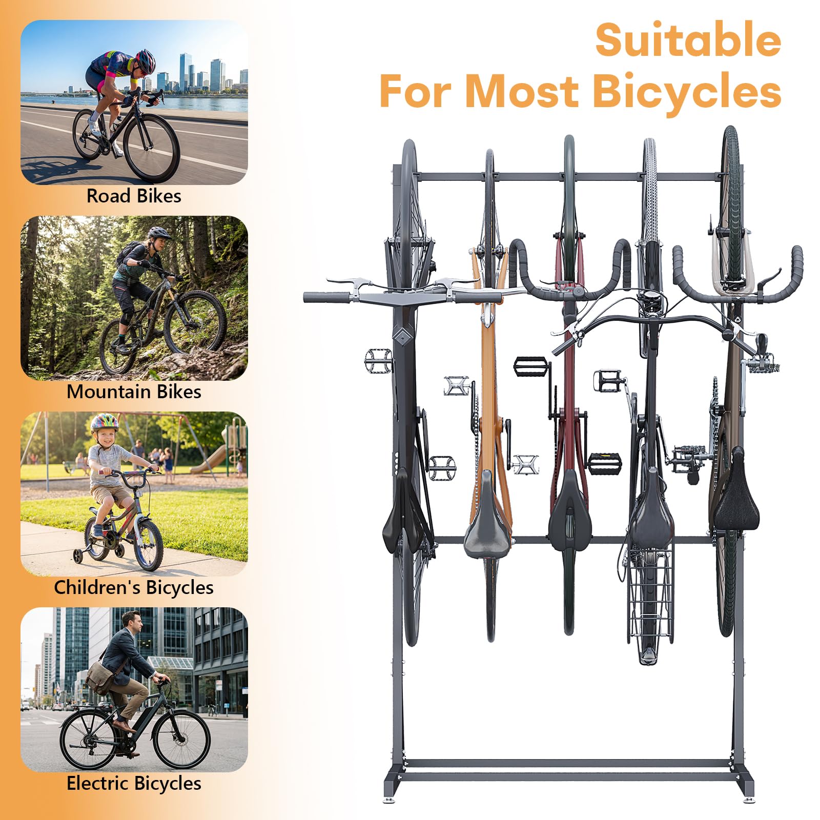 Portabici Garage per 5 Biciclette, Portabici Verticale in Acciaio al Carbonio Capacità di Carico max 136 kg, Portabici da Terra Universale per Rangement Casa, Interno o Garage