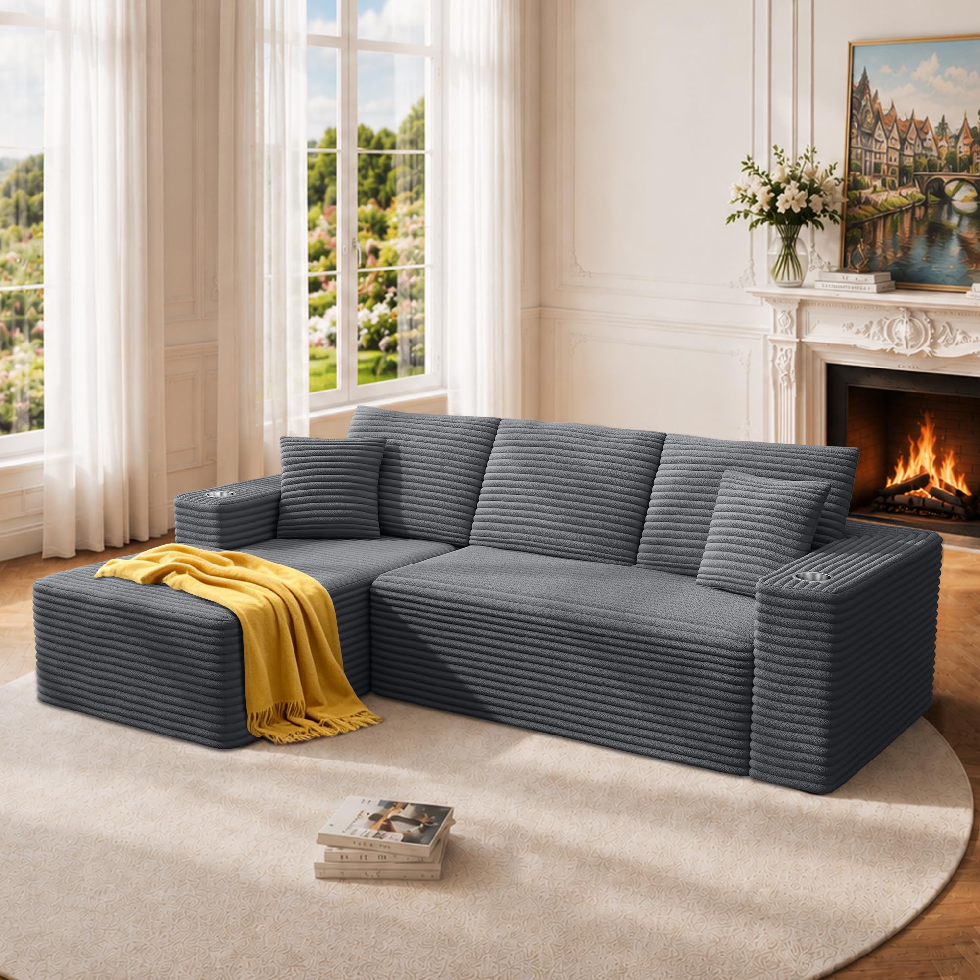 Sofá Esquinero, Modular Forma L Sofá de 3 Plazas, Sofa Chaise Longue para Sala de Estar, no Requiere Montaje, Tela de Pana, 261x126x59cm, Gris Oscuro