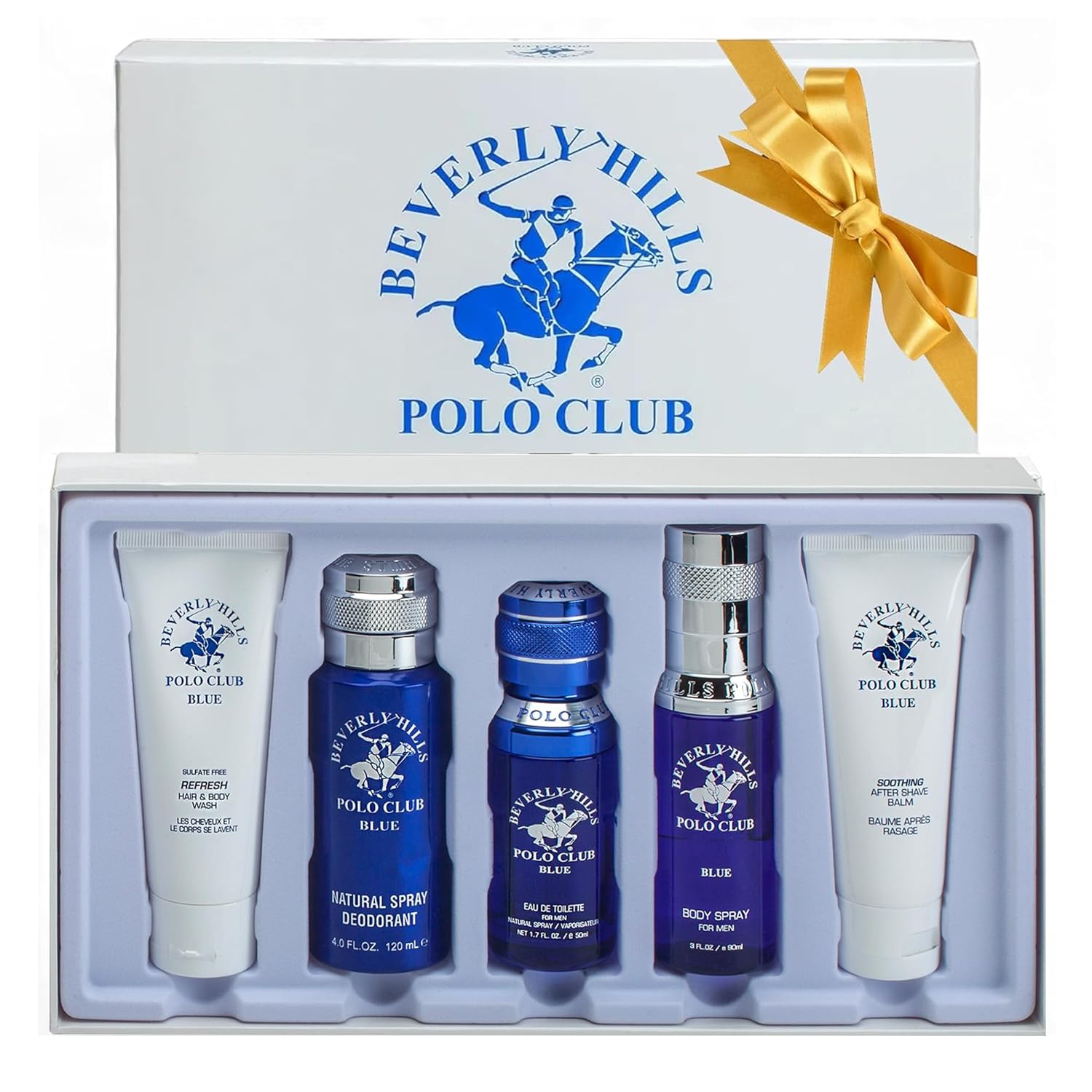 Beverly Hills Polo Club BHPC Cologne 5 Piece Gift Set for Men | Eau de Toillete, Deodorant, Shower Gel, Body Wash, Body Spray Fragrances (Blue)