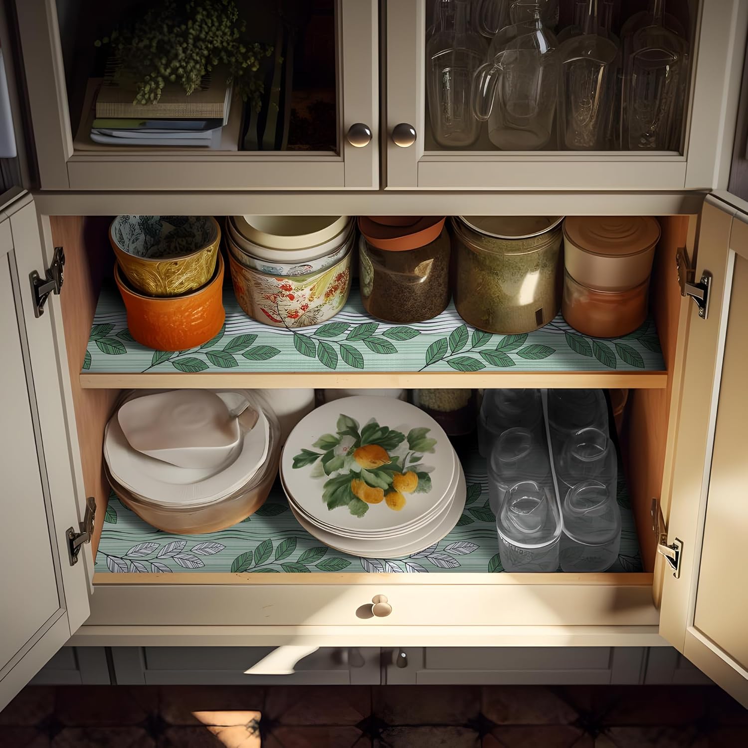 RAY STAR 18X96 Inch Shelf Liner for Kitchen Cabinets, Non-Adhesive Cabinet Liner Washable, PVC Drawer Liner for Dresser Non-Slip Bathroom (Green Leaf)(3 Roll)