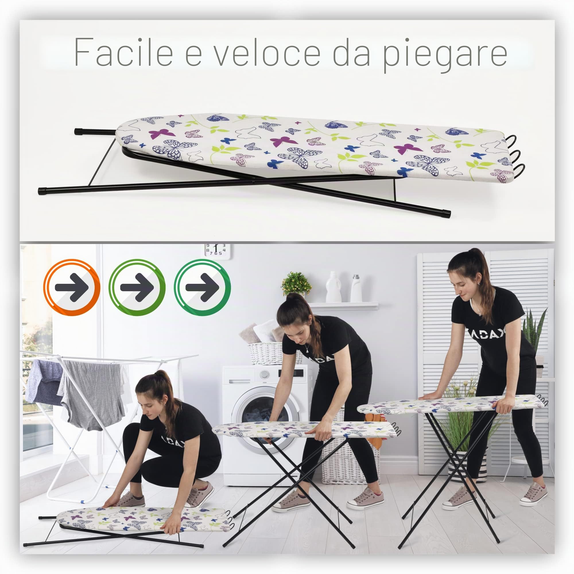 Kadax - Asse da stiro pieghevole per ferro da stiro a vapore, 100,5 x 30 cm, ampia superficie da stiro, regolabile in altezza, poggiaferro estraibile
