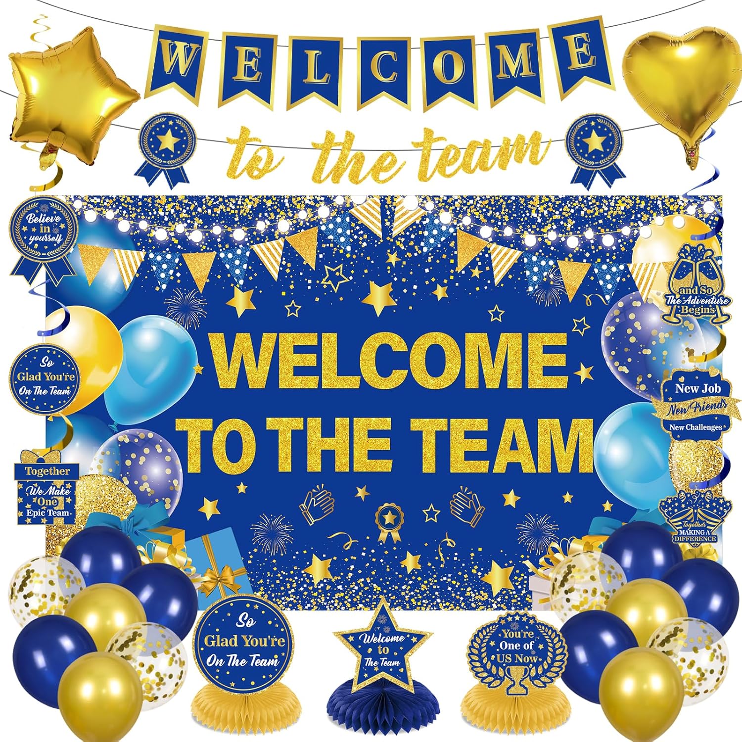Welcome To The Team Decorations Banner Blue Gold Welcome Sign Hanging Decorations New Employee Banner Balloons Backdrop Honeycomb Centerpieces for School Classroom Teacher Doctor Office Party Gifts