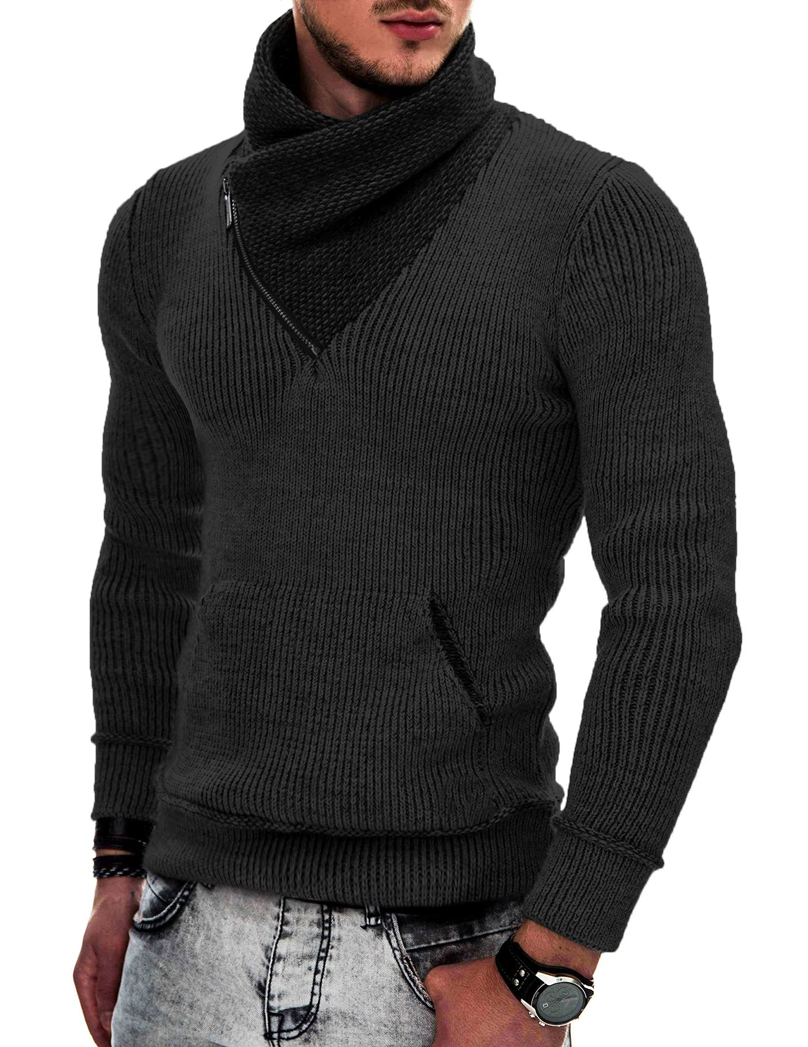COOFANDY Maglioni da uomo a collo alto, a collo alto, con tasche, 1- nero., XX-Large
