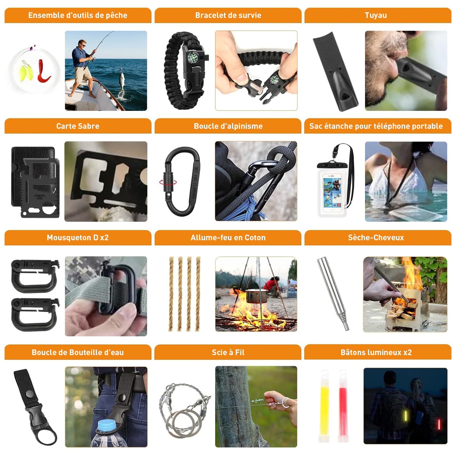 Kit de Survie d'urgence en Plein air avec Trousse de Premiers Secours, équipement de Survie 180 PCS avec Lampe de Camping, Pelle Pliante, Pince Pliante, Filtre à Eau, pour Camping/Aventure/randonnée