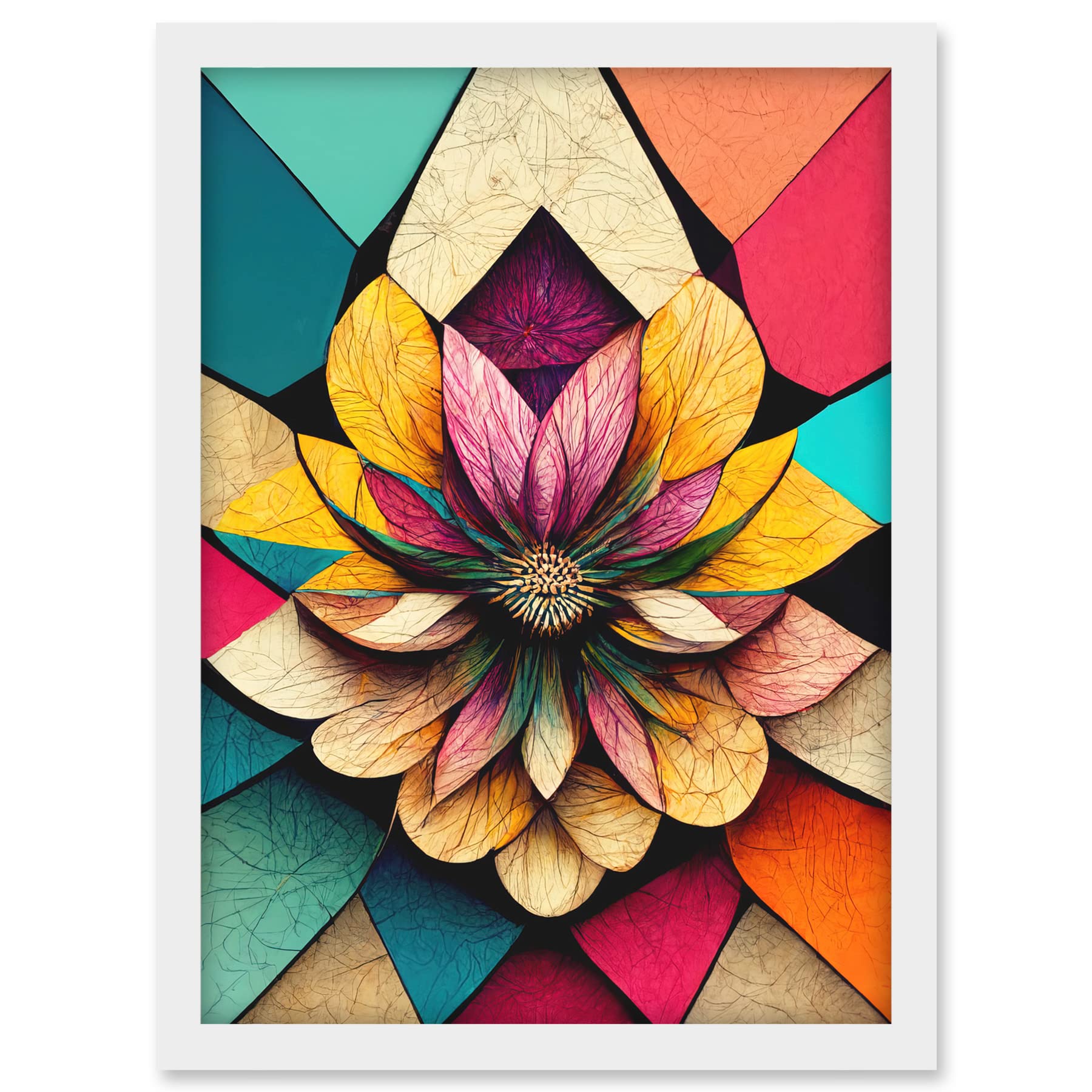 Doppelganger33 LTD Geometric Floral Mandala Bright Multicoloured Shapes Artwork Framed A3 Wall Art Print