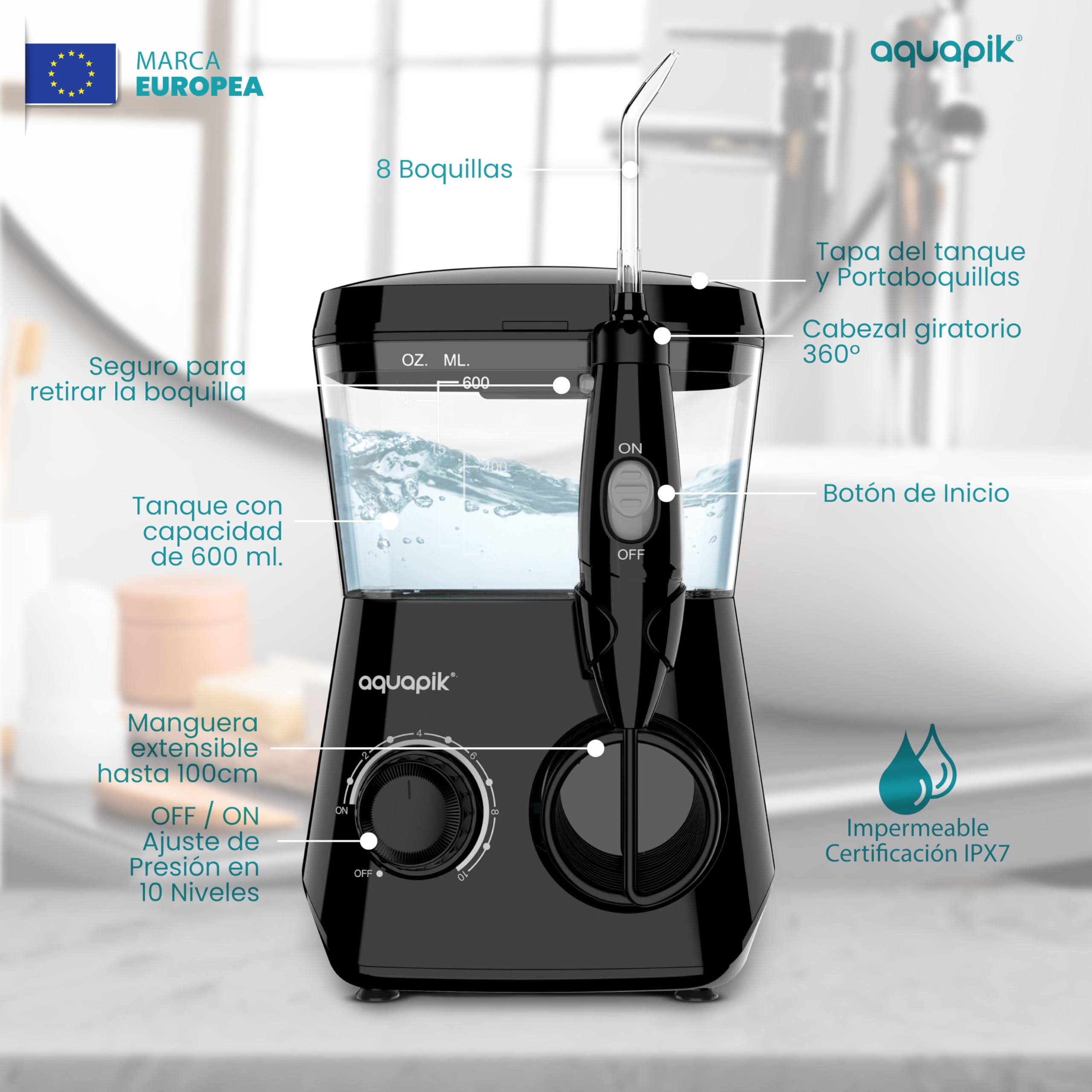 Aquapik® ADVANCED irygator do jamy ustnej, idealny do ortodoncji, implantów i wrażliwych dziąseł, zestaw wybielający + 8 ust, 10 poziomów ciśnienia, zalecany przez dentystów (czarny)