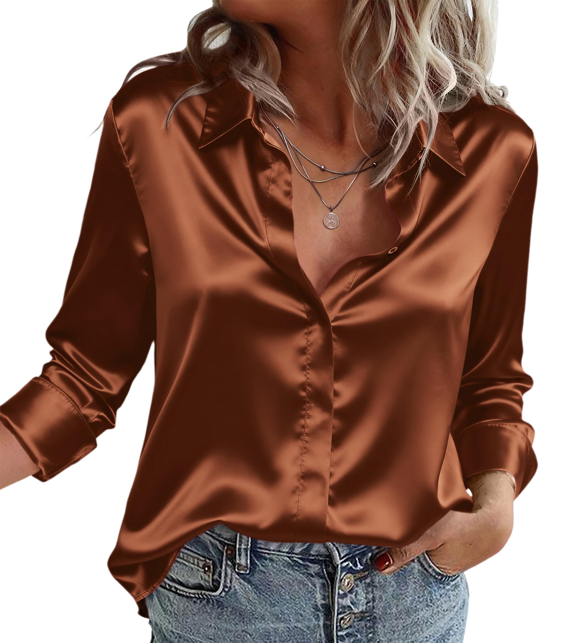ZEAGOO Satin Bluse Damen Seidenbluse V-Ausschnitt Langarm Blusen Elegant Business Oberteile Seide Hemd mit Knöpfen
