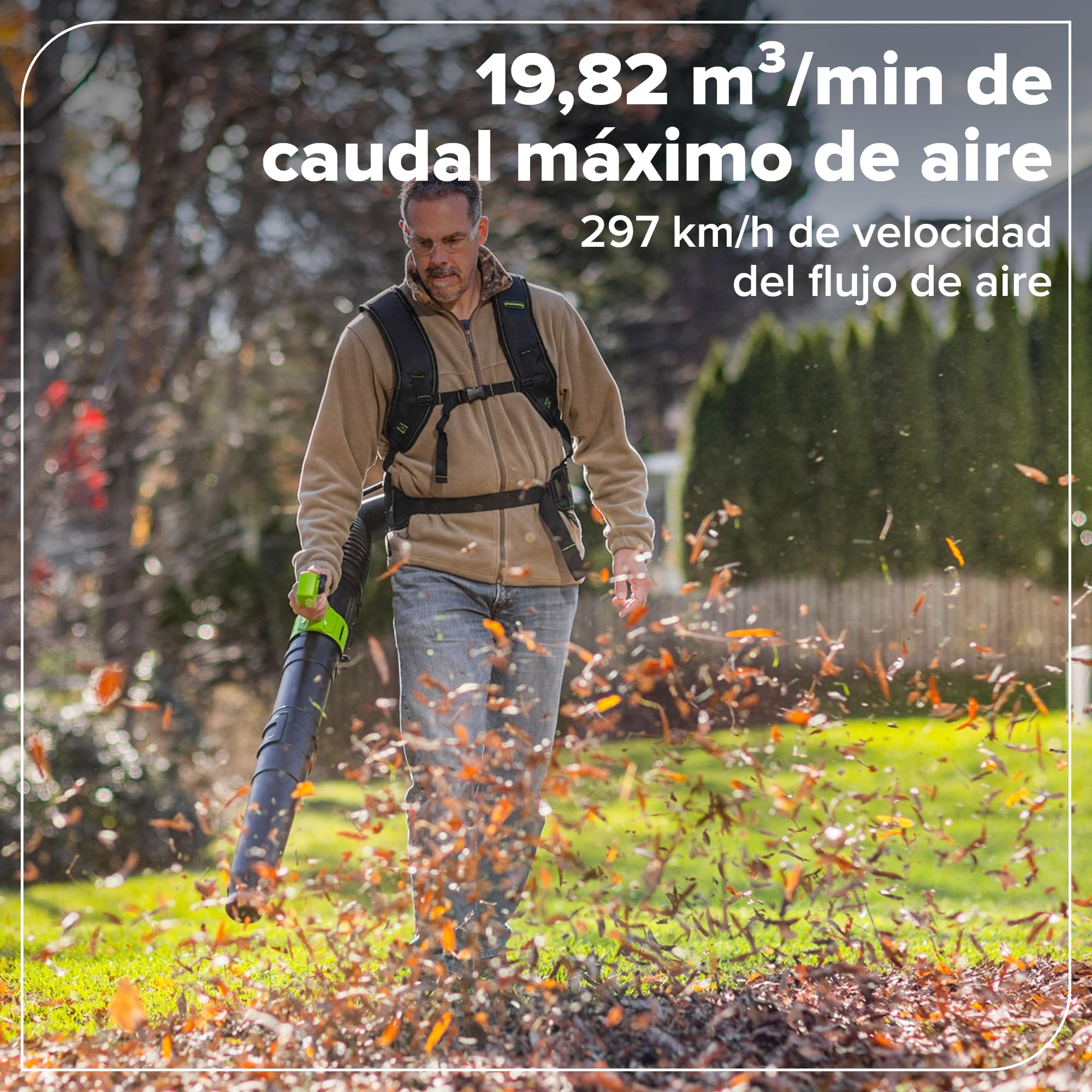 Greenworks Soplador de Mochila 48V (24V x 2), Motor Sin Escobillas, 19,82 m³/min, 297 km/h, Tecnología QUIETFORCE – Sin Batería ni Cargador BL48020A1