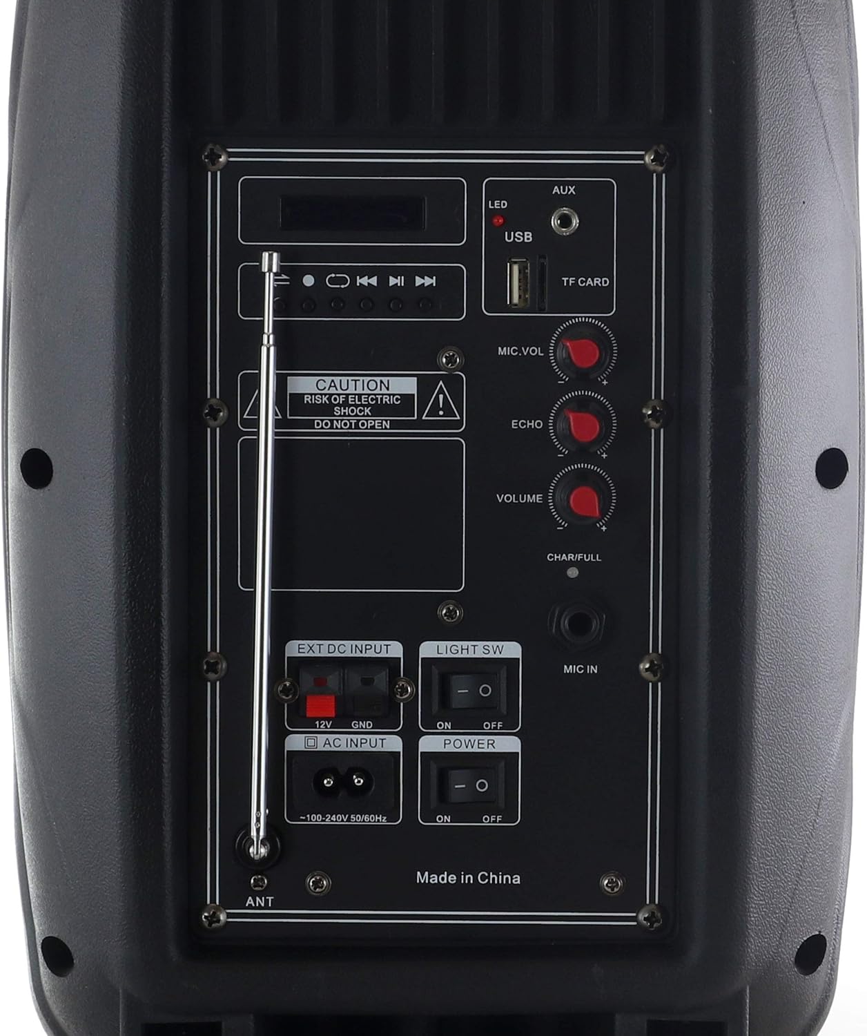 Close-up of the rear control panel of the beFree Sound portable party speaker.