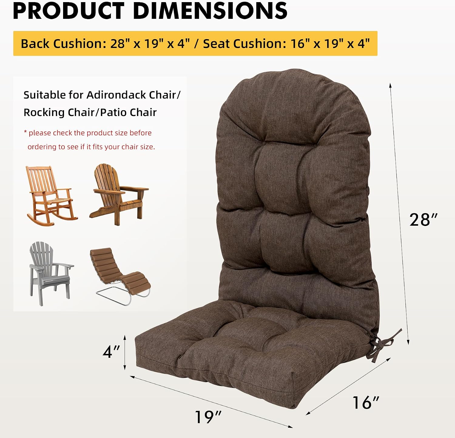 RACE LEAF Patio Chair Cushion 44x19x4 Inch, Tufted Design Heavy Duty Olefin Fabric Waterproof Outdoor Rocking Cushion with Elastic Bands Non-Slip Ties Brown 1-Pack