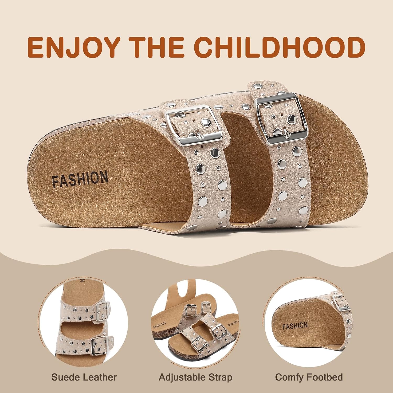 Kids Cork Footbed Sandals Boys Girls Fashion Studded Double Buckle Slide Sandals Adjustable Strap Flat Mules Non Slip Open-Toe Beach Slides Comfort Walking Sandals Summer Shoes Indoor Outdoor Slippers