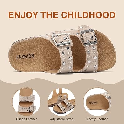 Kids Cork Footbed Sandals Boys Girls Fashion Studded Double Buckle Slides