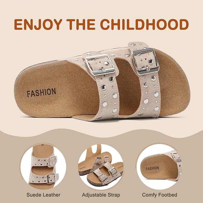 Kids Cork Footbed Sandals Boys Girls Fashion Studded Double Buckle Slides