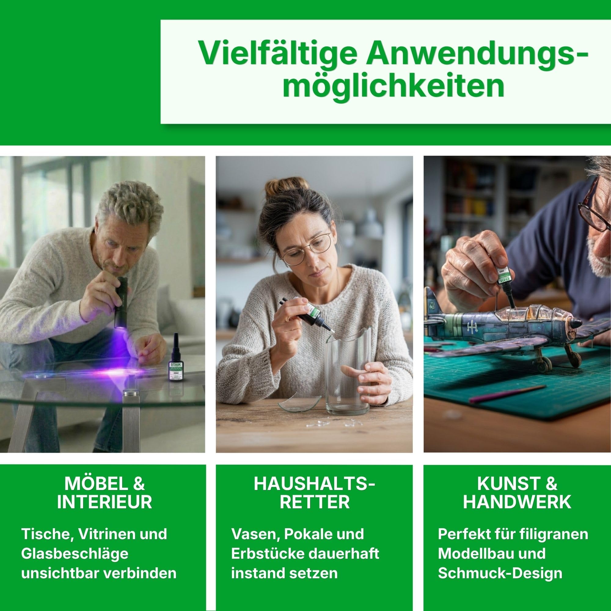 STAIK Acrybond UV-Kleber Glas Metall [16g] – Hochfester Glaskleber mit UV-Lampe | Für Glasreparatur, Möbel & Modellbau | Glasklar härtend in Sekunden | Made in Germany