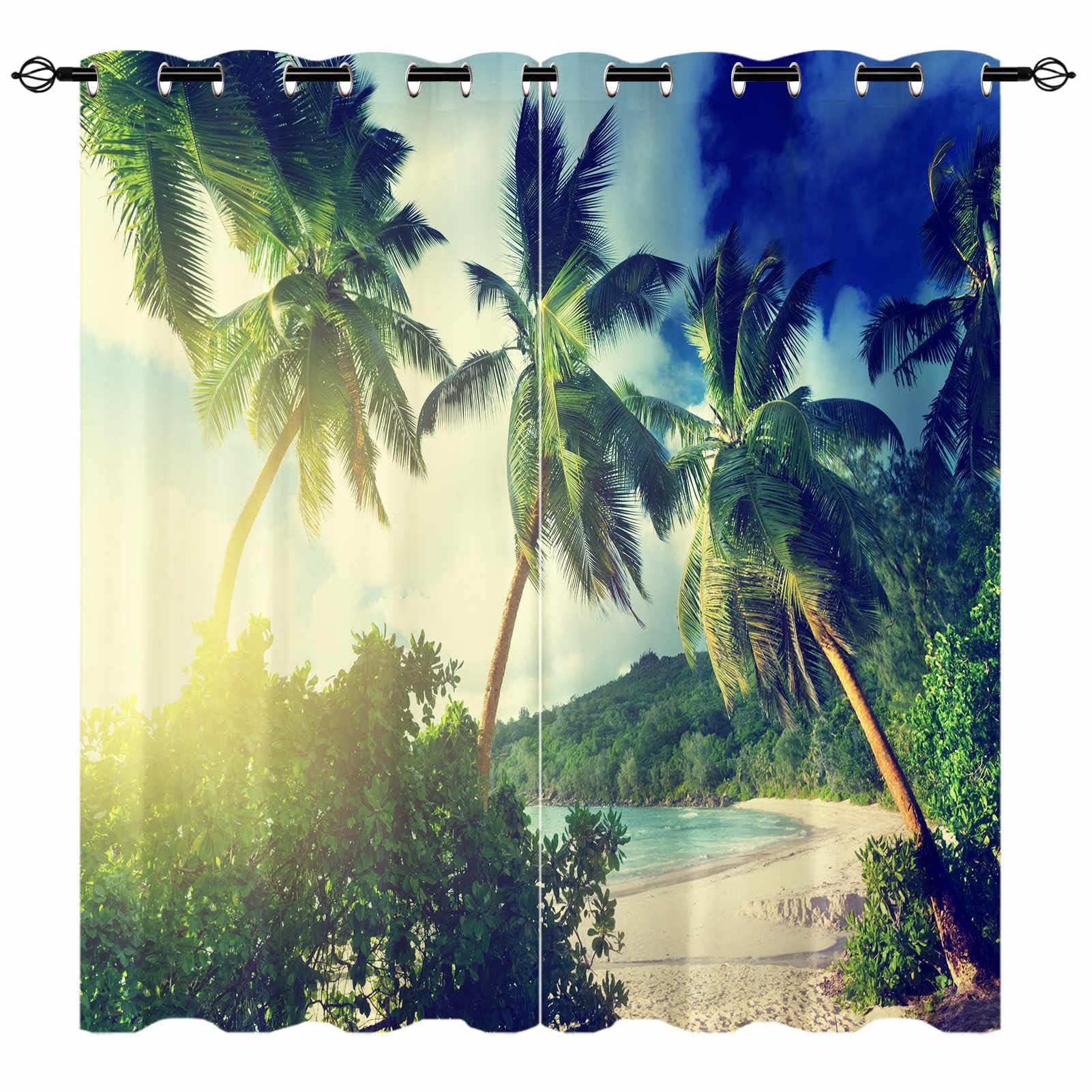 YUANZU Palm Tree Curtains - Tropical Sunset Beach Coastal Island Scene Ocean Landscape Print Pattern Eyelet Blackout Room Darkening Window Drapes for Bedroom Living Room 2 Panels W140cm x D245cm