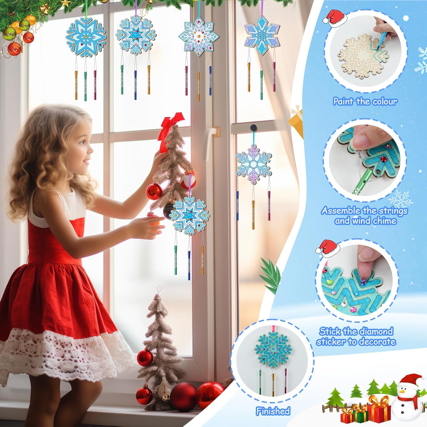 12 Pack Snowflake Wind Chime Kit for Kids, Christmas Make Your Own Snowflake Wind Chimes Xmas Holiday DIY Wind Spinner Unfinished Christmas Wood Snowflake Ornaments for Girls Boys