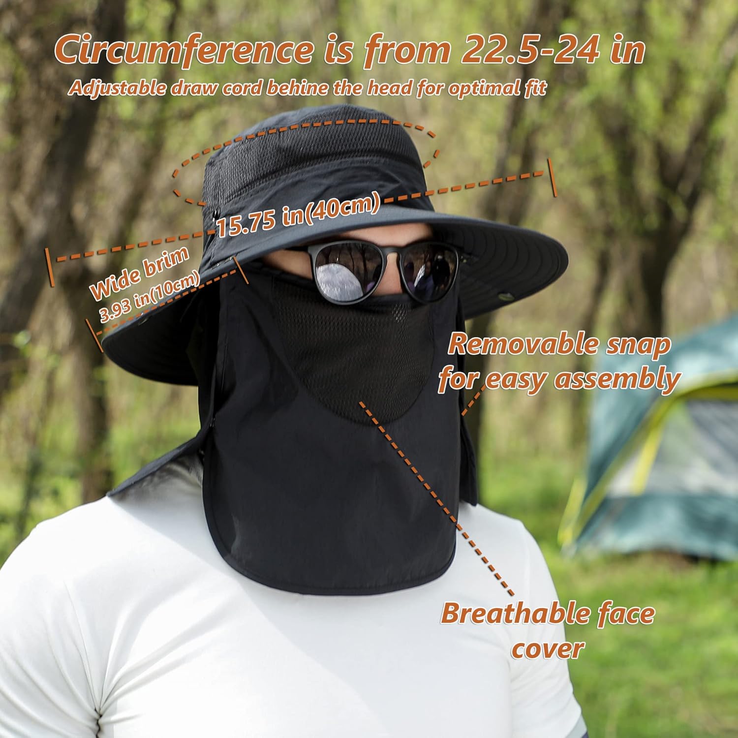 UPF 50+ Sun Fishing Hat for Men Women Wide Brim Hat with Detachable Face Cover & Neck Flap - Image 3