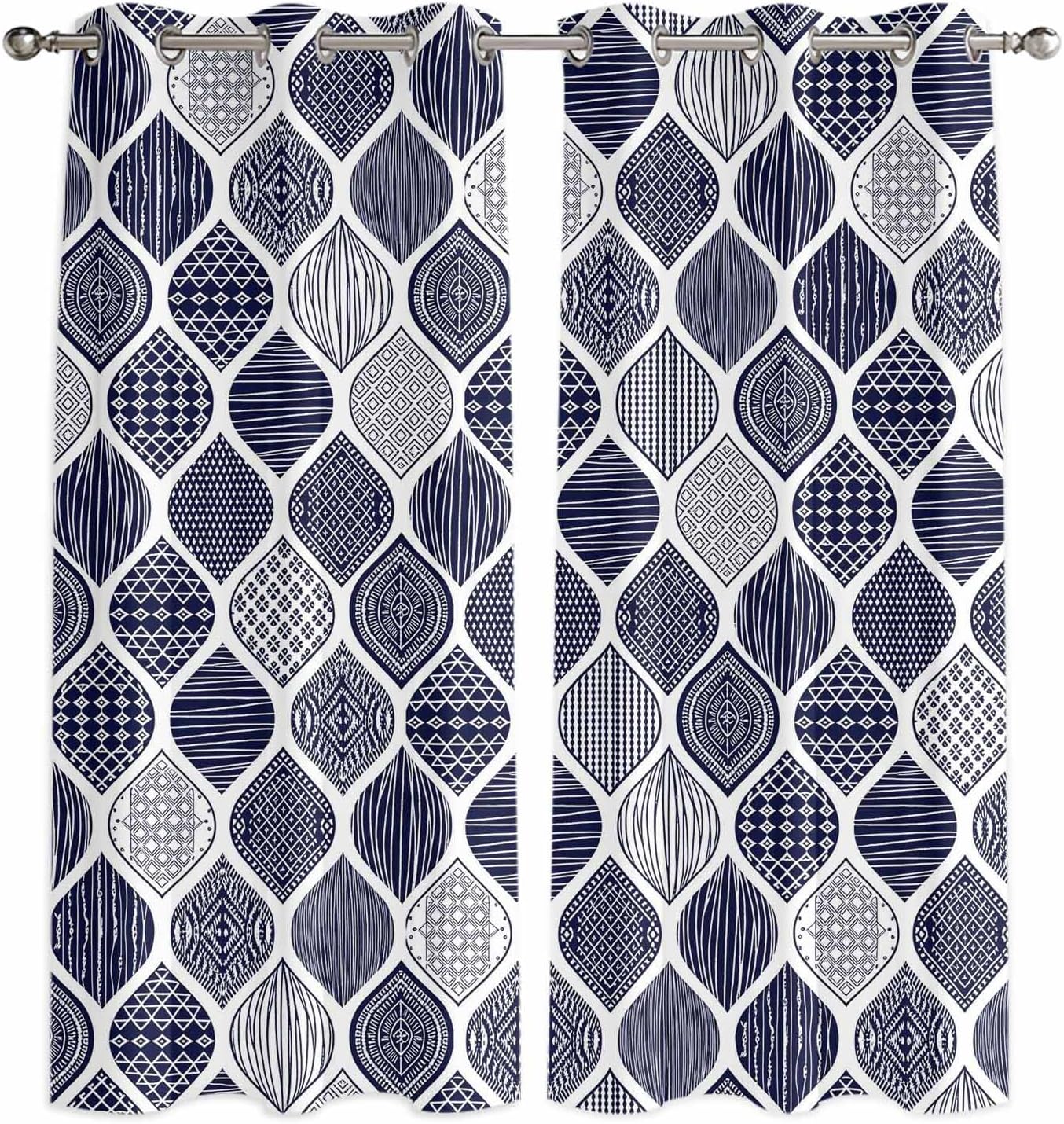 Grommet Top Window Curtains, Geometric Blue Texture Durable Light Blocking Windows Drapes for Kitchen/Bedroom/Living Room, Window Treatments Curtain Set of 2 Panels 42x84 in