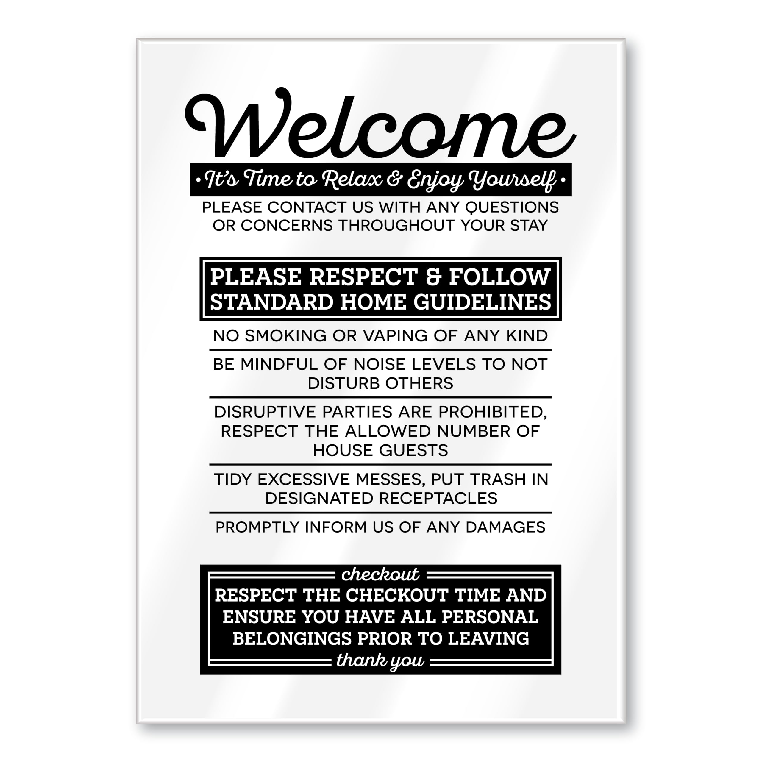 Acrylic 5x7 Compatible with Airbnb Essentials for Hosts Sign, Air Bnb Supplies Standard Guidelines, No Smoking Signs for Air bnb, Low Noise Checkout Reminder Sign, Short Term Rental Signs Made in USA