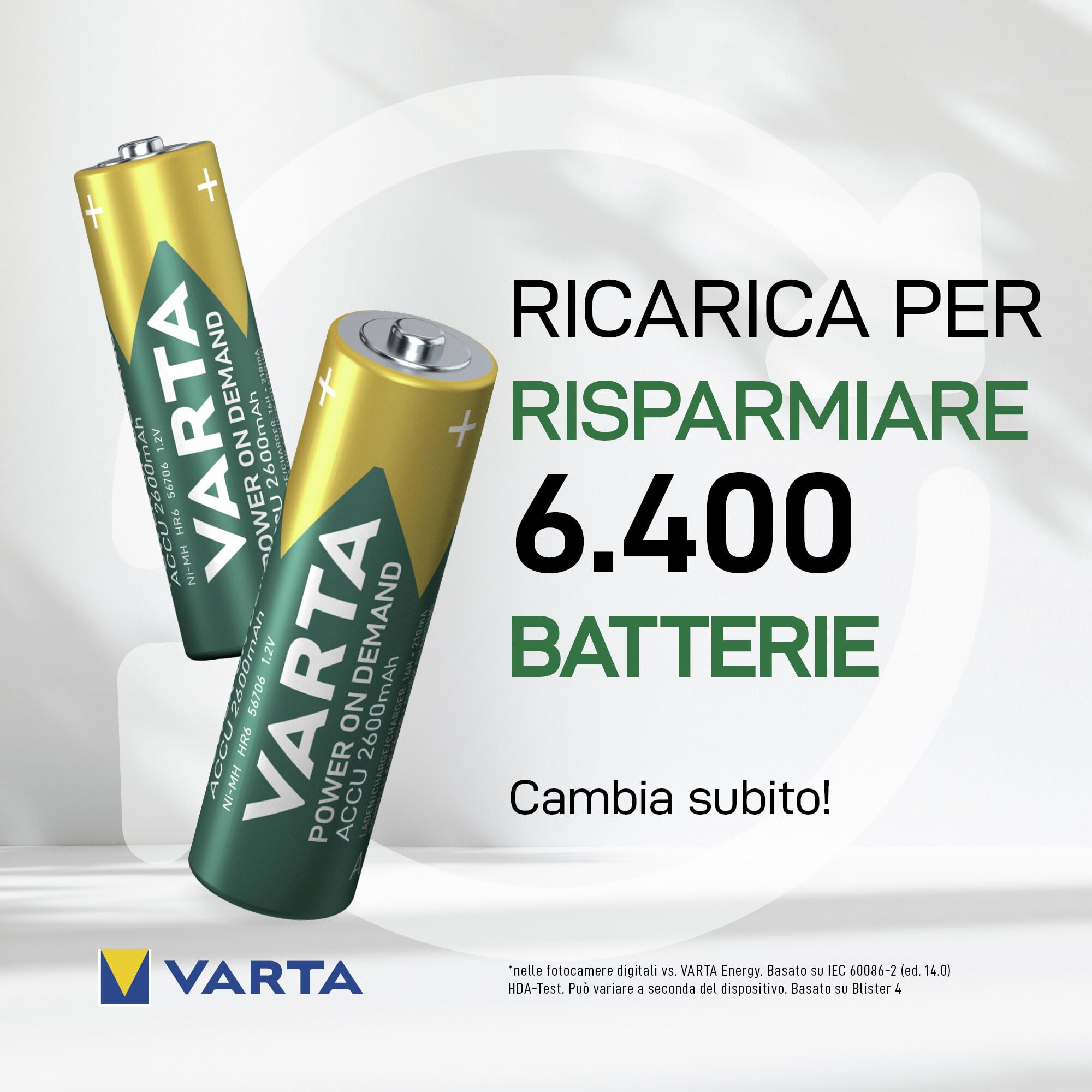 VARTA Batterie ricaricabili AARechargeable Ready2Use precaricata Mignon Ni-Mh (pacco da 4, 2600mAh), ricaricabile senza effetto Memory - pronta all'uso