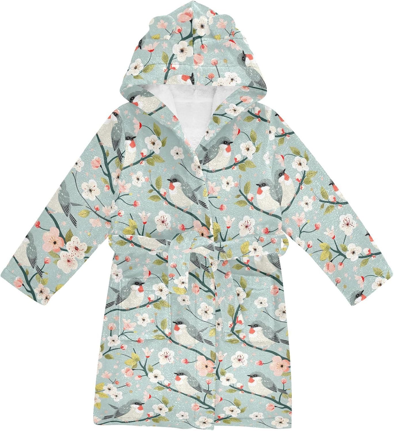 senya Cute Birds Sitting on A Branch Toddler Hooded Bathrobe Kids Soft Plush Bath Towel Robes for Boys Girls 2-12 Years