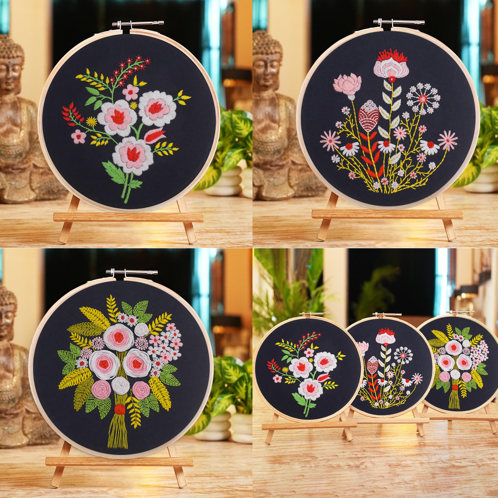 EmbroideryMaterial Combo of 3 DIY Floral Embroidery Kits for Beginners | Hand Embroidery Kit with Printed Fabric, Hoop, Needles, Threads & Instruction Sheet | Craft Kit for Adults & Kids (Black Fabric) 4