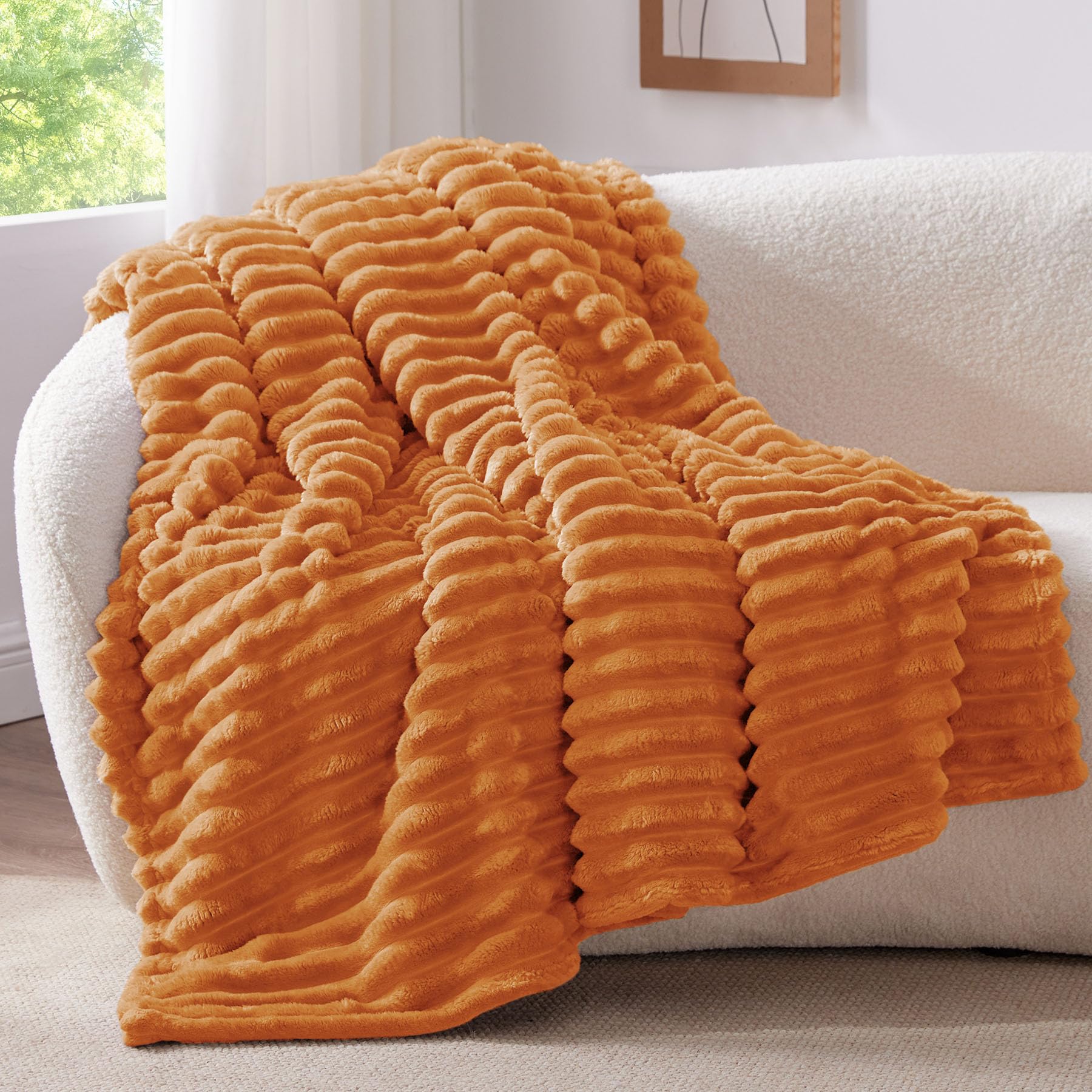 BEDELITE Fluffy Fleece Throw Blanket, Striped Decorative Soft Warm Gift for Sofa Bed Couch, Twin Size, Burnt Orange