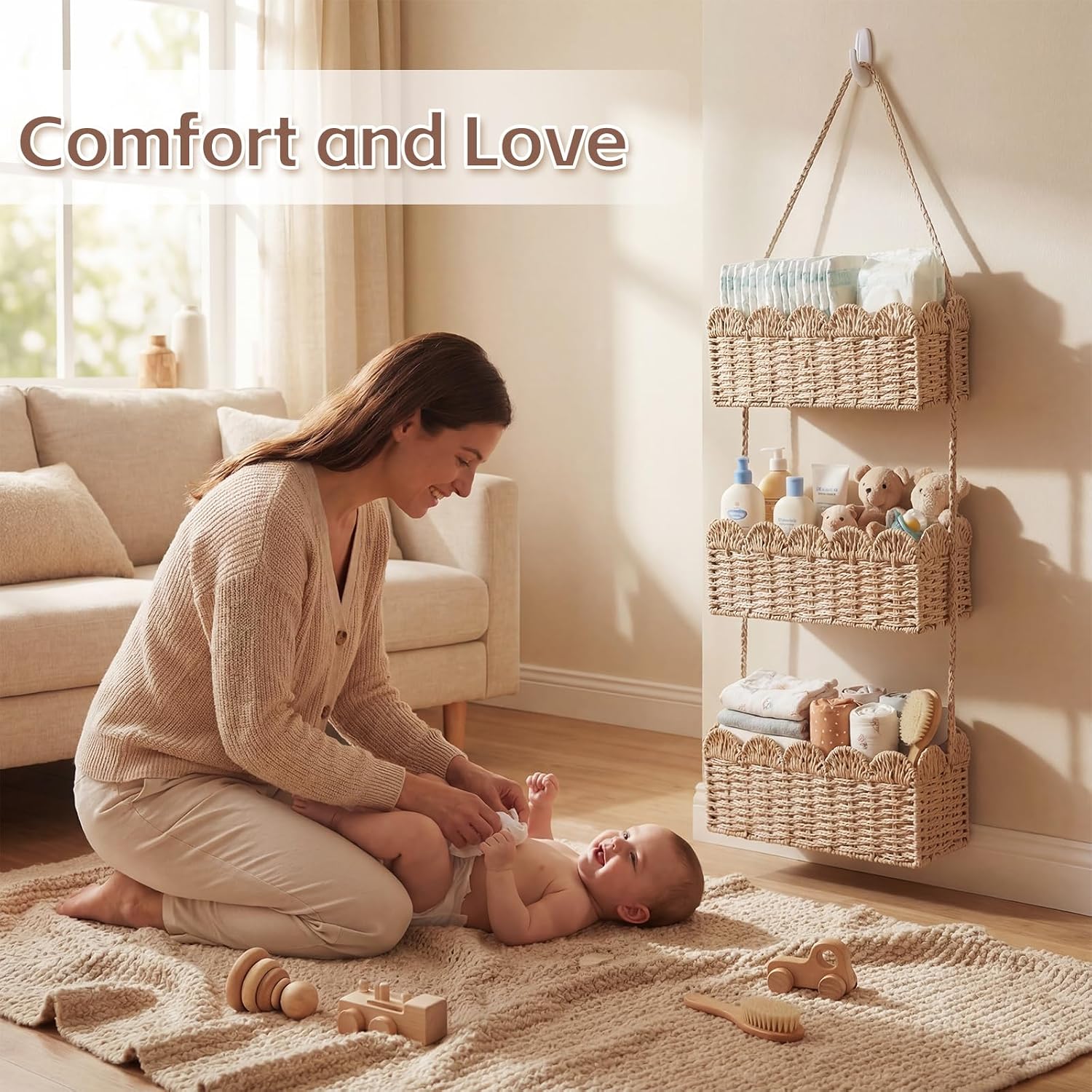 Qunclay Over The Door Hanging Basket 3-tier Decorative Hanging Nursery Baskets Large Baby Diaper Caddy Wall Mounted Woven Organizer for Home Bedroom Living Room Baby Shower Gifts