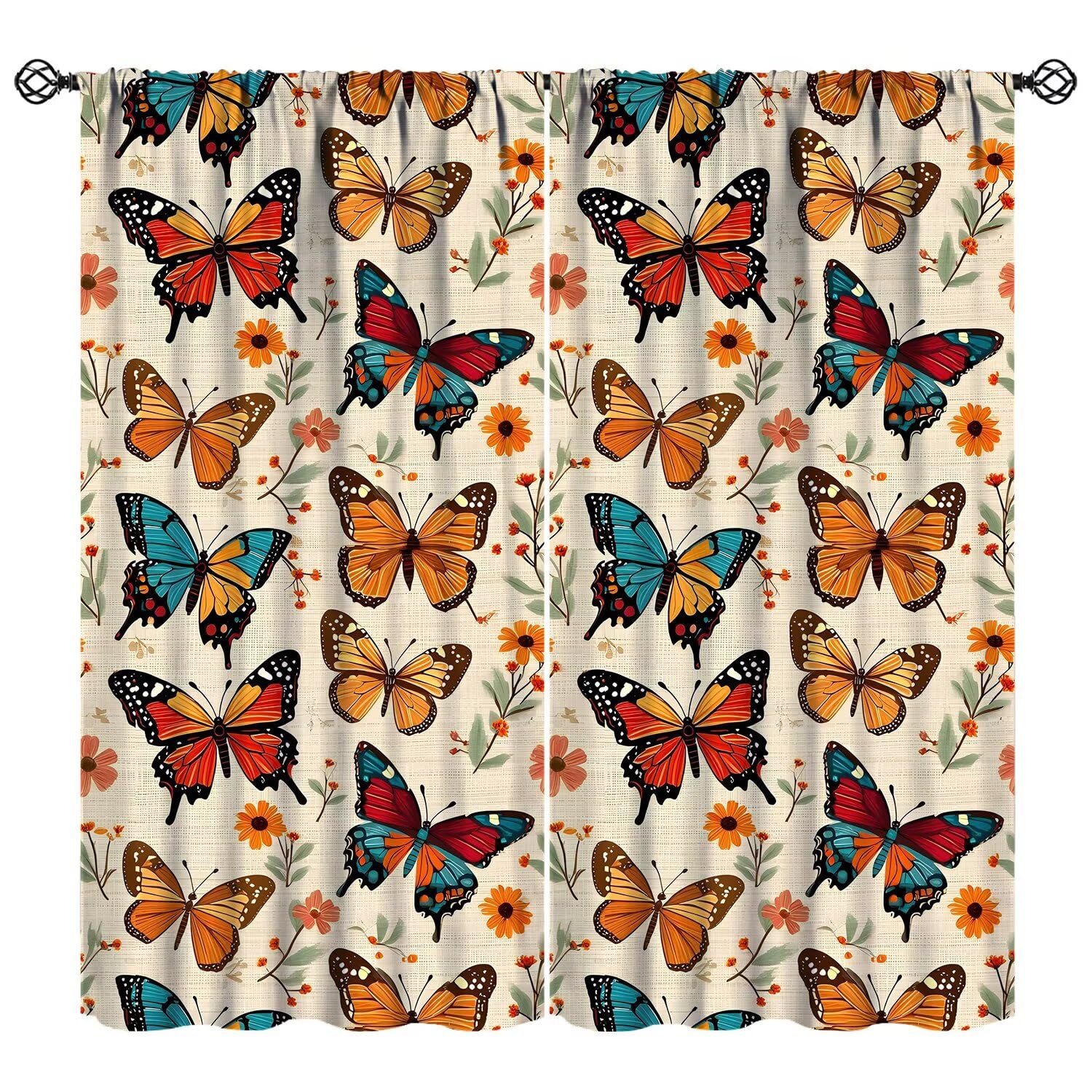 JESTRONRY Colorful Butterfly Curtains for Living Room,Spring Flowers Window Treatments Bedroom Curtain, Retro Style Home Decor Drapes 72" W X 63" L (Blackout)