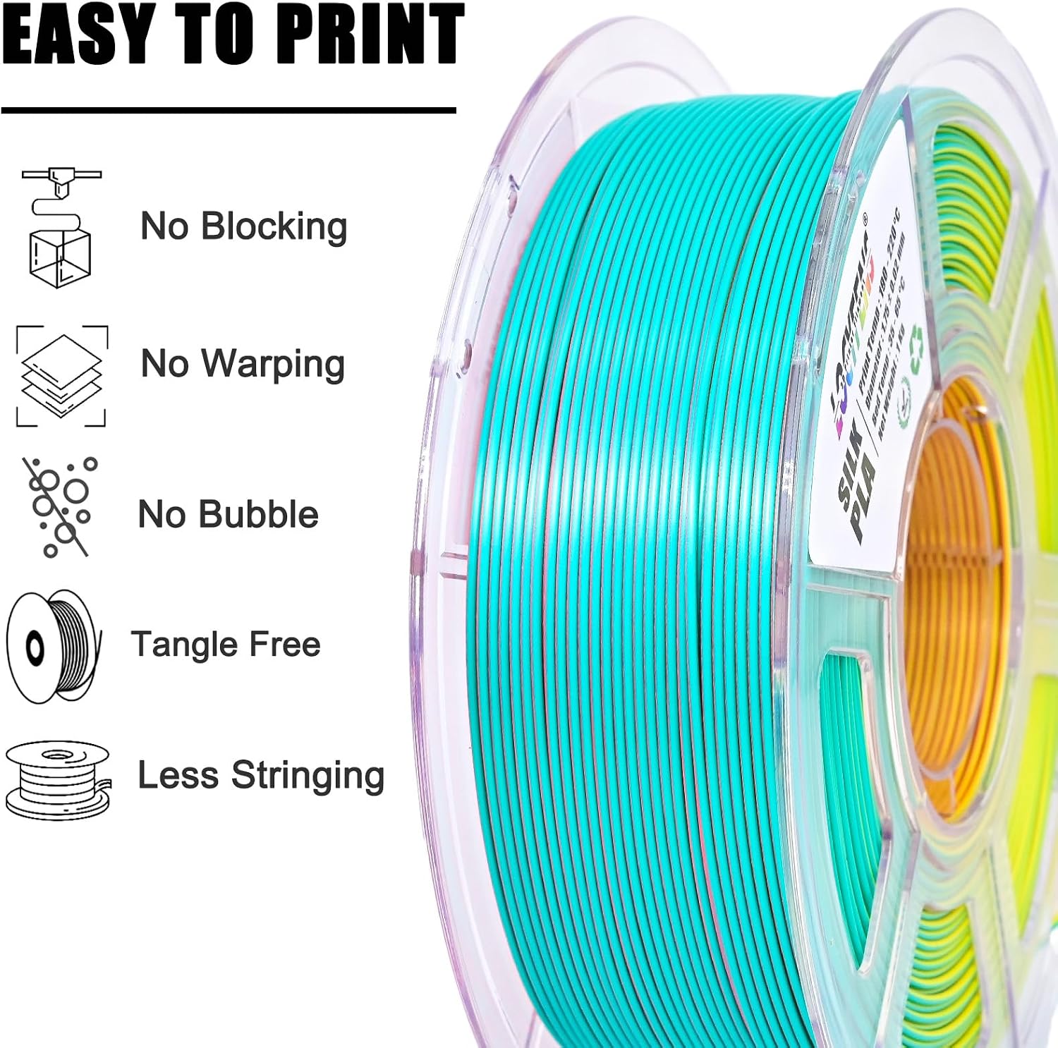 PLA Filament 1.75mm, Silk Rainbow Color PLA Filament, Tri Color 3D Printer Filament Sky Blue Yellow Rose Red, Fit to AMS, 1kg/Spool