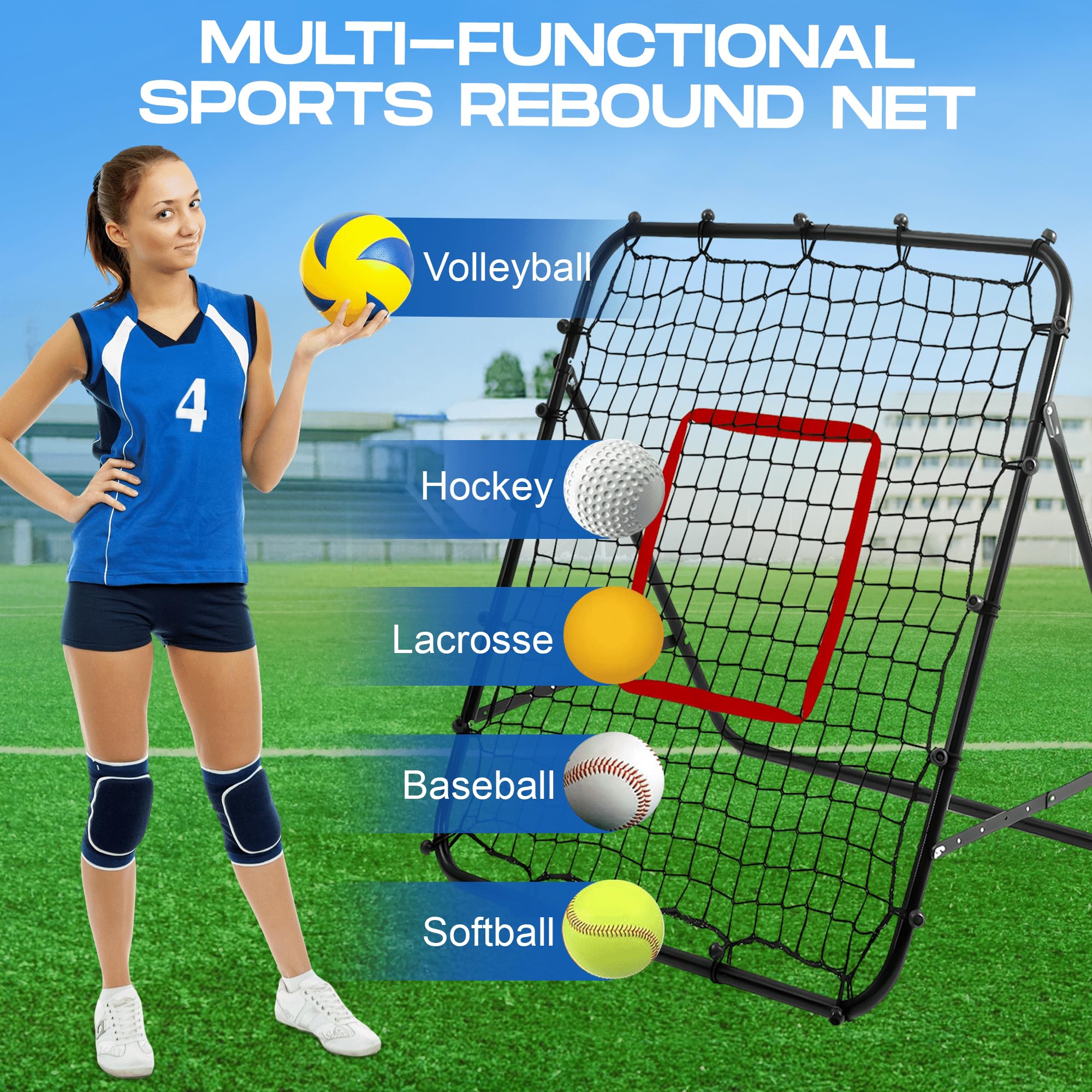 6 Angles Adjustable Volleyball Rebounder Net - Bounce Back Net for Backyard Soccer Softball Lacrosse - Steel Frame Baseball Rebounder for Adults - Suitable for Hitting Serving Passing Spike Practice