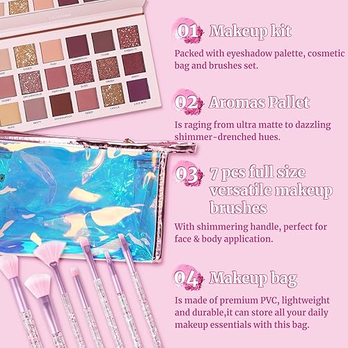 Miniatura 2 de UCANBE Kit de maquillaje para mujeres y adolescentes, 18 colores de sombra de ojos nude + 7 brochas de maquillaje suaves + bolsa de cosméticos rosa,
