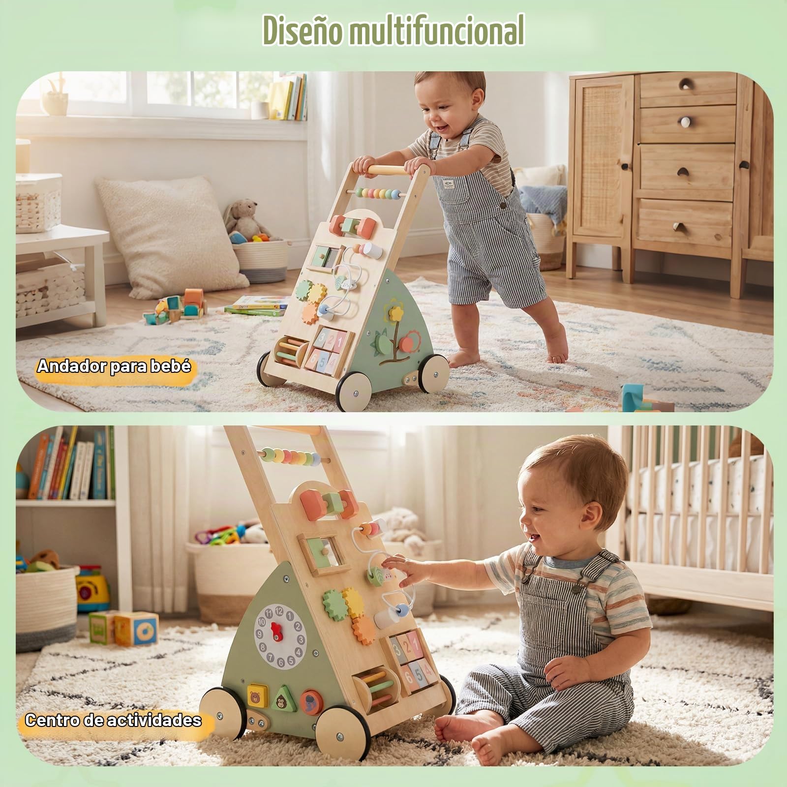 FANTASK Andador de madera para bebé a partir de 1 año, andador con tabla de actividad, ruedas y cesta de almacenamiento, centro de actividades Montessori