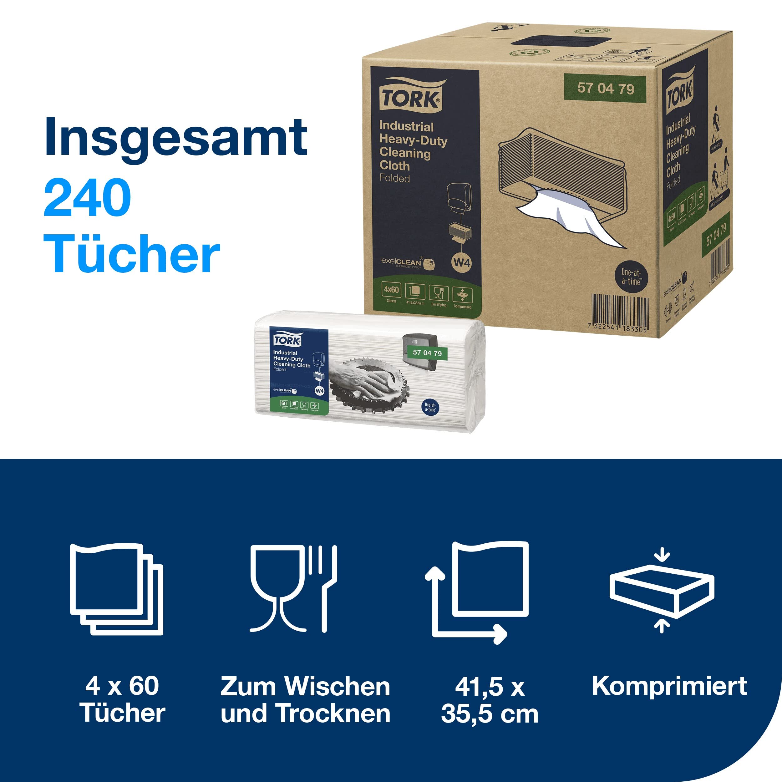 Tork Extra Starke Industrie Reinigungstücher Weiß W4, Mehrzweck, 4 × 60 Tücher, 570479