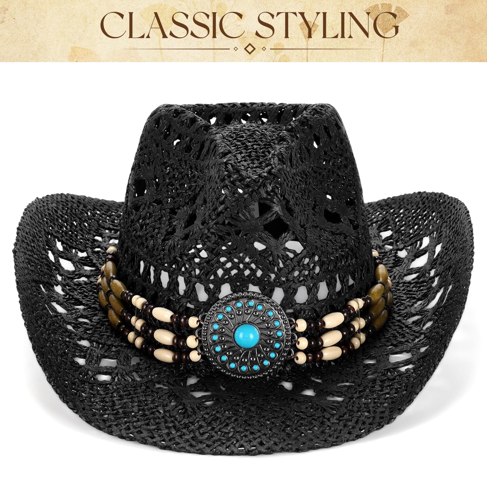 Cappello da cowboy in paglia da donna, cappello da cowgirl occidentale con orecchini a stivale, cappello estivo da spiaggia