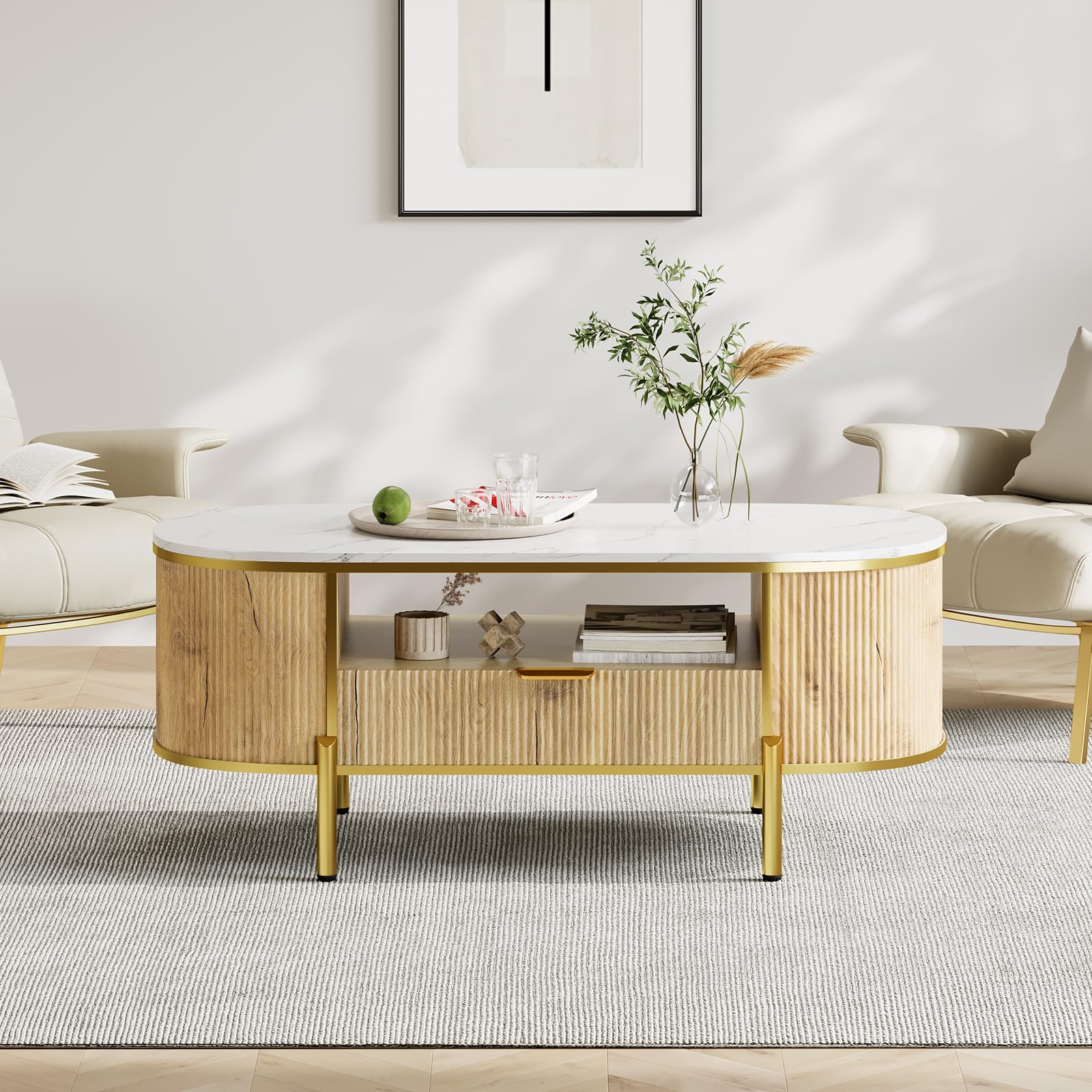 Table de salon moderne minimaliste Garvee bleu marine chêne