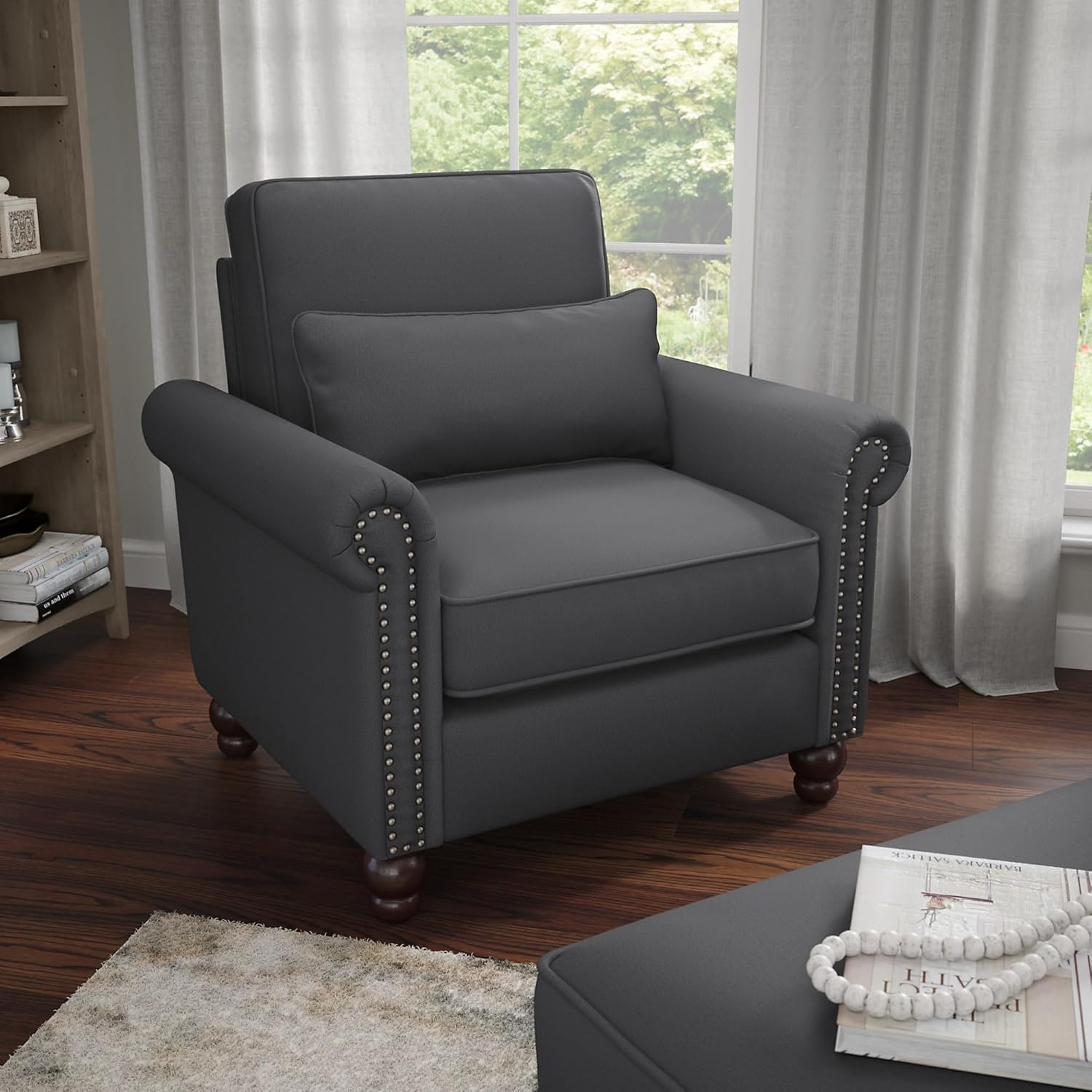 Bush Home Accent Chair with Arms, Armchair with Pet-Friendly Fabric Upholstery for Traditional Living Room, Coventry Collection, Charcoal Gray Herringbone