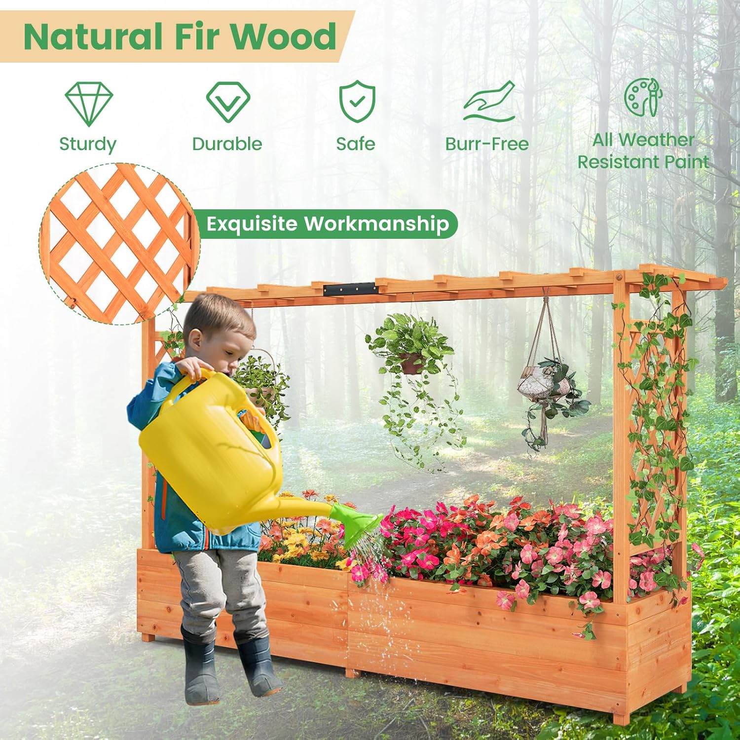 Graphic highlighting the natural fir wood construction of the Giantex Raised Garden Bed, emphasizing its sturdy, durable, safe, burr-free, and all-weather resistant paint qualities.