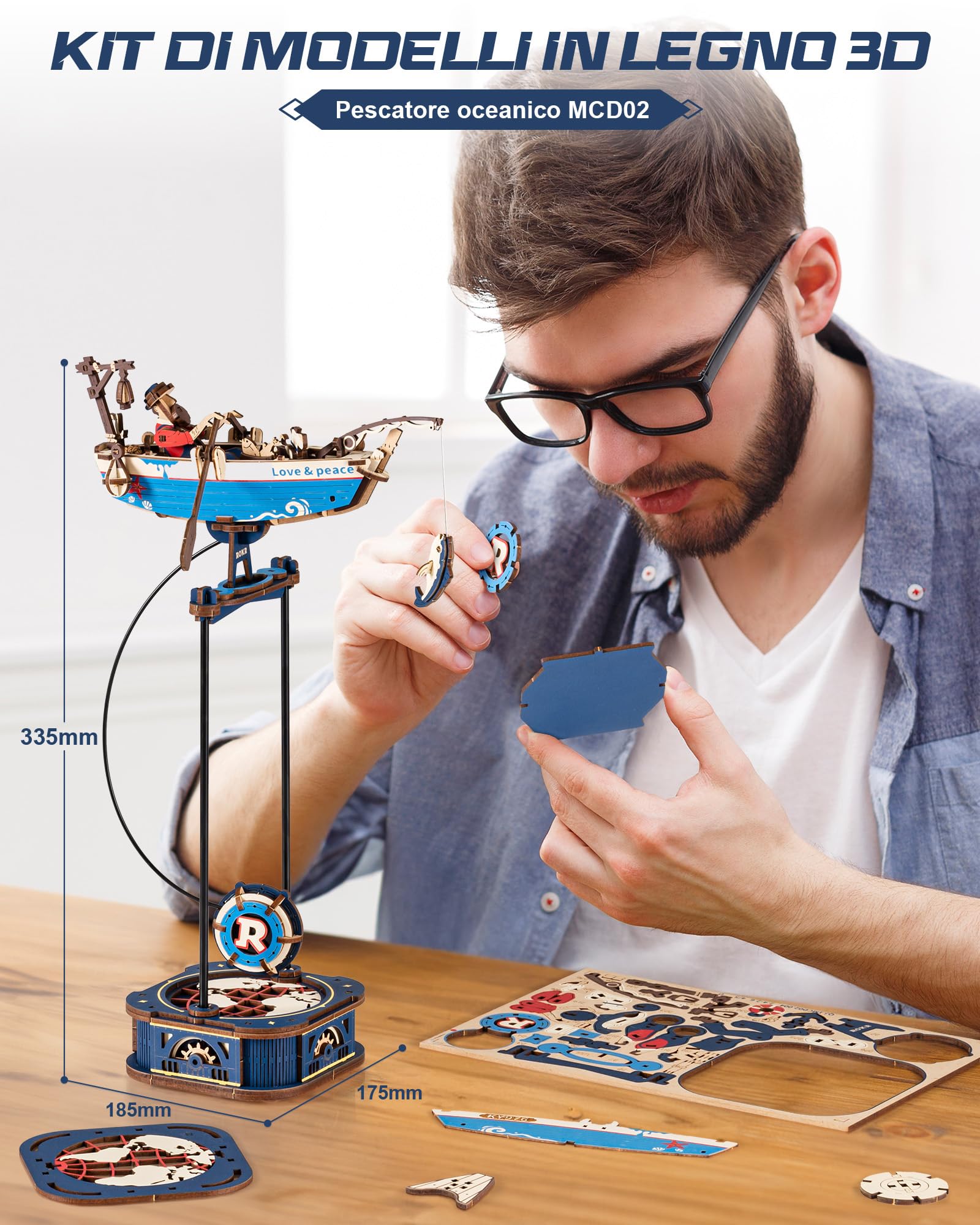 ROKR 3D Puzzle in Legno Barca, Modellismo da costruire Adulti Pescatore Oceanico, Oscillazione Gravitazionale Decorazione, Regali per adulti e bambini, Ocean Fisher MCD02