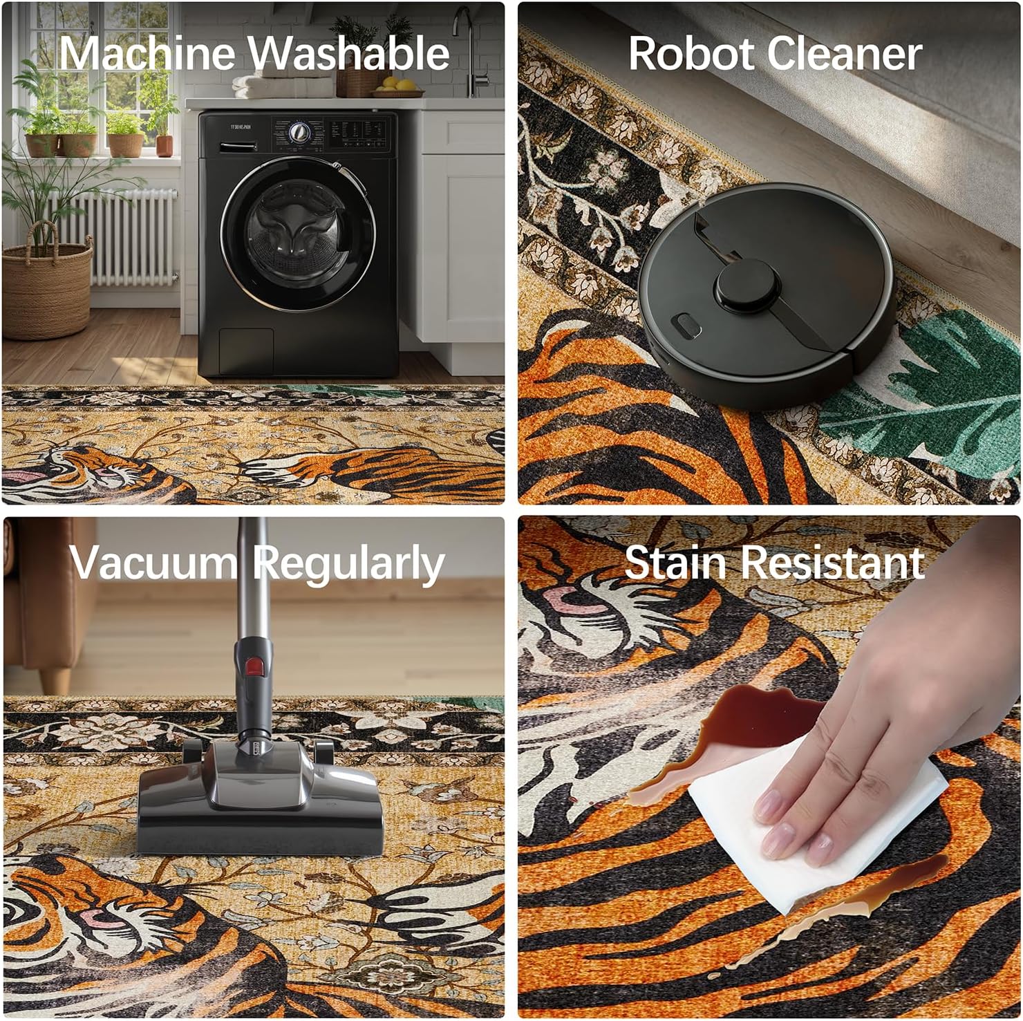 DCX Washable 3x5 Tiger Rug, Brown Vintage Animal Rug for Entryway, Soft Low Pile Carpet, Kid & Pet Friendly with Rubber Back Non Slip, Stain Resistant Rug for Bedroom, Laundry, Bathroom