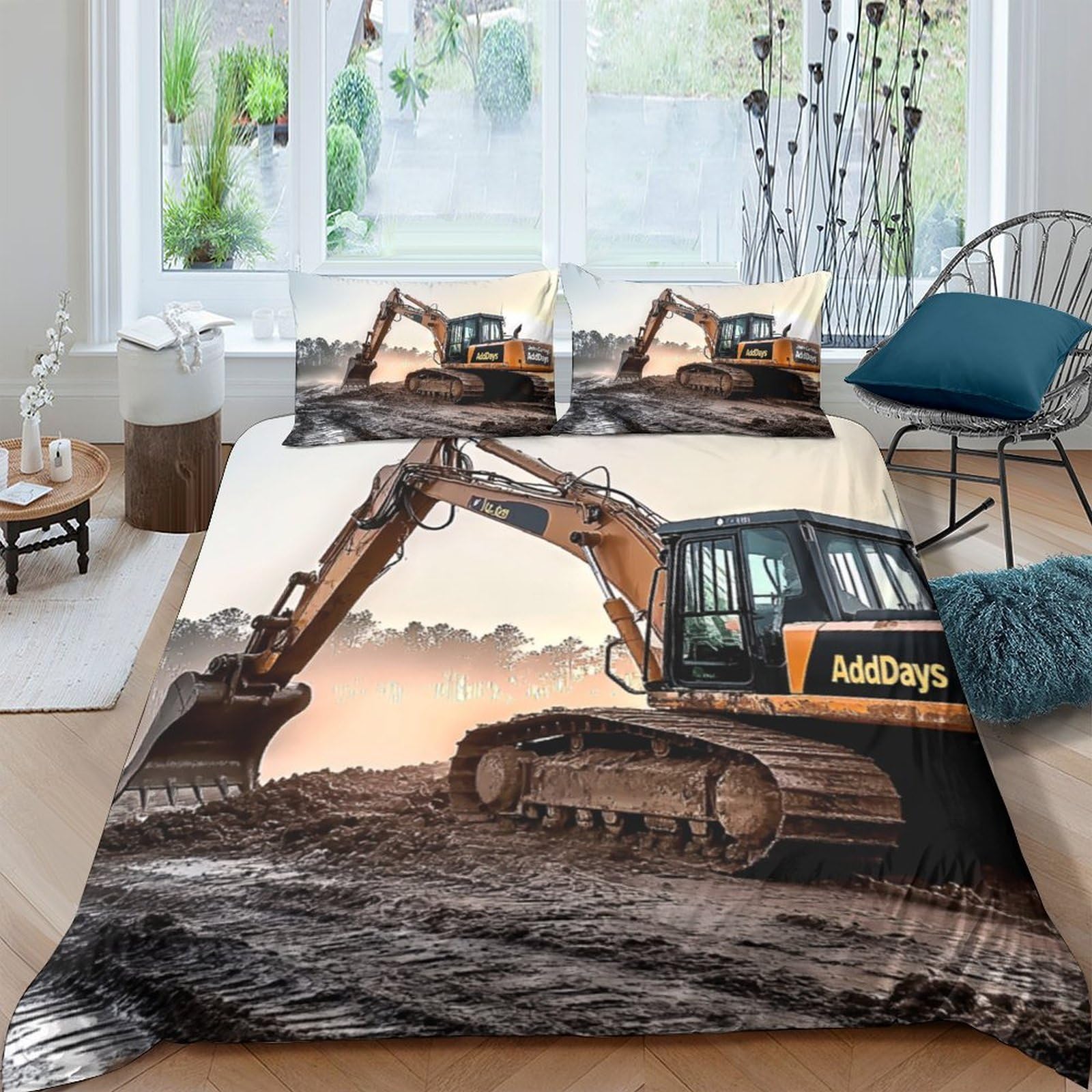 Ctjqhvkz Style-10 3D Printed Excavator Construction Fitted Sheet Microfiber Soft Anti-Slip Bed Cover For Bedroom Dorm Modern Decor Single（135X200cm）