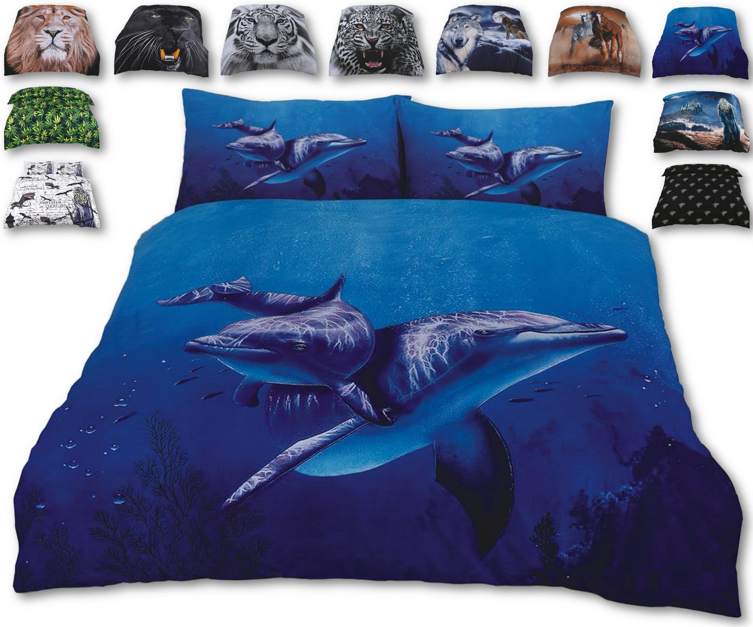 Blue Water Dancing Dolphins Bed Set – 3D Animal Printed SINGLE Beddings Duvet Cover + One Matching Pillowcase - Premium Quality Print – Natural Cotton + Virgin Polyester (Dolphin , Single)