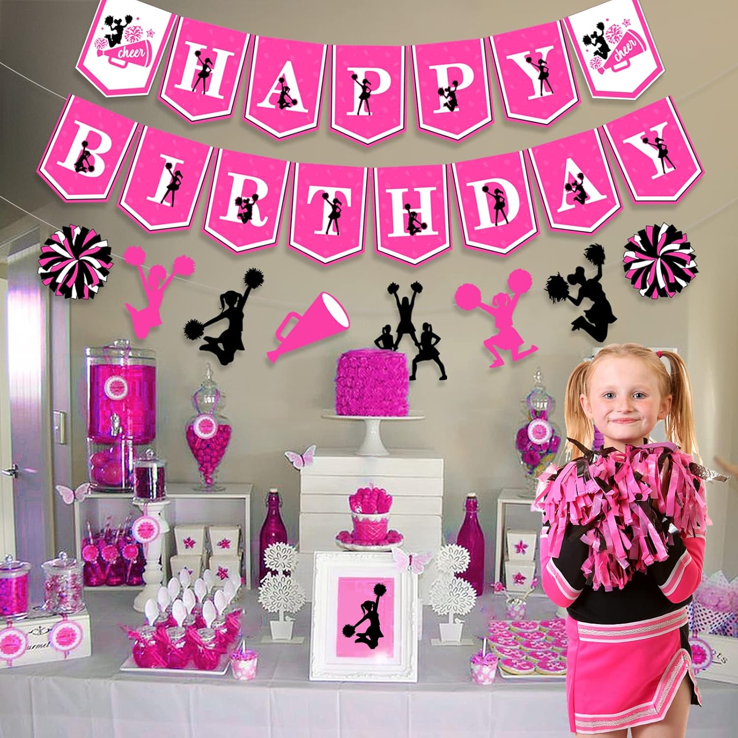 Kreatwow Cheerleading Birthday Party Decorations for Girls Rose Red Black Cheerleader Happy Birthday Banner Cake Topper Balloons We've Got Spirit Gymnastic Dance Bday Party Decorations Supplies