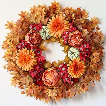 26" Artificial Fall Wreath, Silk Flowers Maple Leaf for Front Door Orange | Fake Maple Leaves/Peony/Pumpkin/Autumn Flowers, for Wall Window Farmhouse Home Thanksgiving Day Harvest Festival Decoration