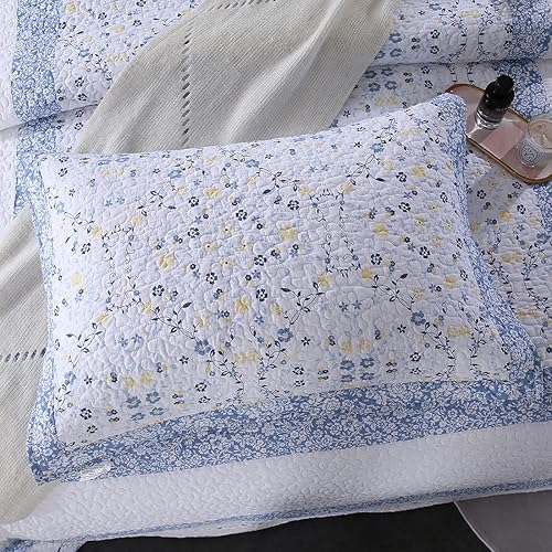 Miniatura 6 de vctops Juego de edredón acolchado con bordado floral 100% algodón, tamaño Queen, 3 piezas, reversible, ligero, borde festoneado, 1 edredón y 2