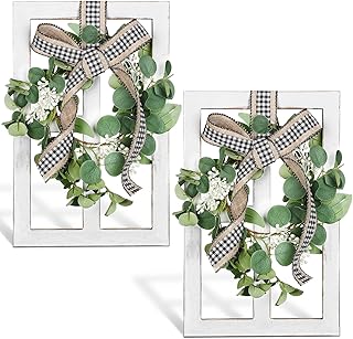 Namalu 2 Pieces Rustic Window Frame Wall Decor Farmhouse Decor Wood Frame with Eucalyptus Wreath Living Room Wall Art Plaid Bow Wooden Fake Window Decoration, 13.8 x 7.9 Inch(Black White Plaid)
