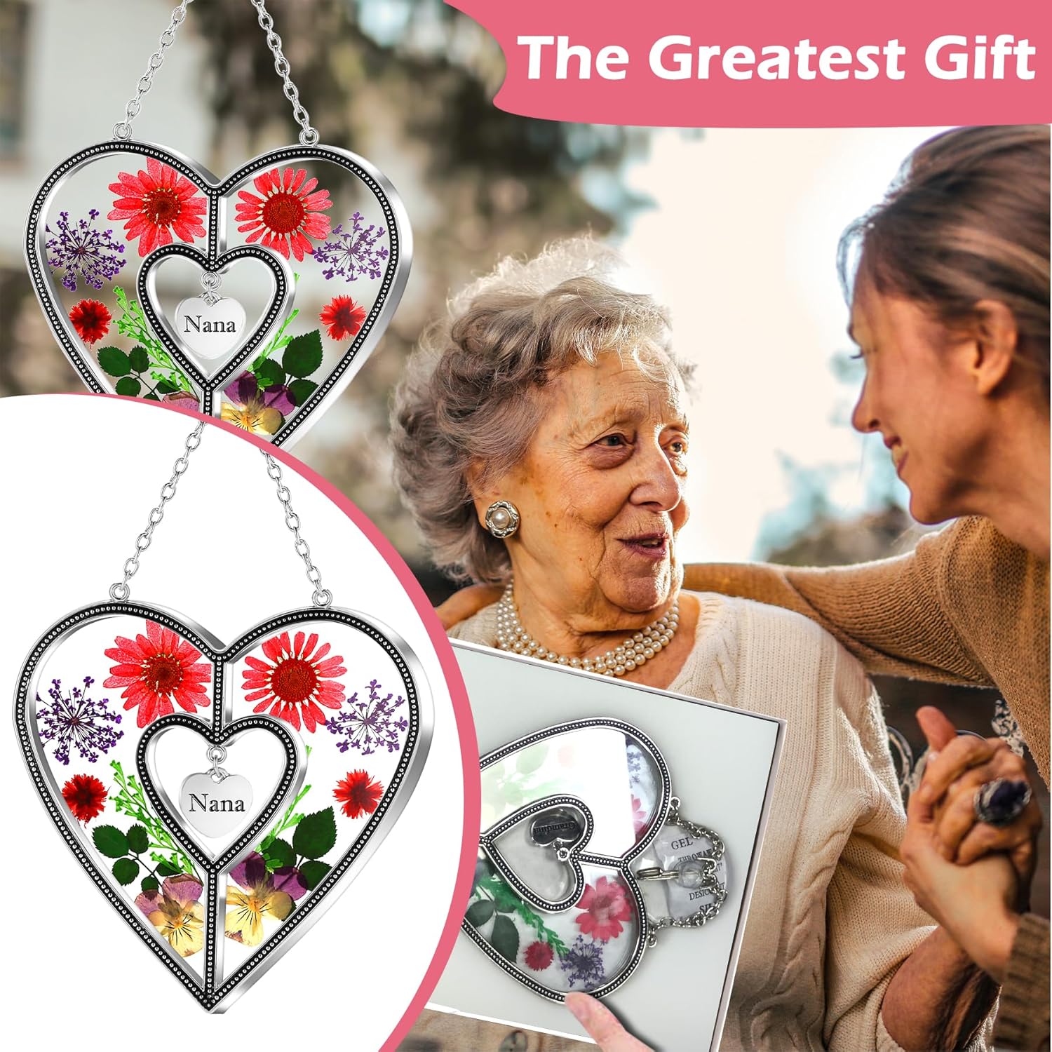KY&BOSAM Nana Heart Suncatcher Stained Glass Panel Suncatchers for Windows Hangings Ornament Wind Chimes Pressed Flower Embedded in Glass and Heart Charm Birthday Gifts for Nana Mothers Day Home Decor
