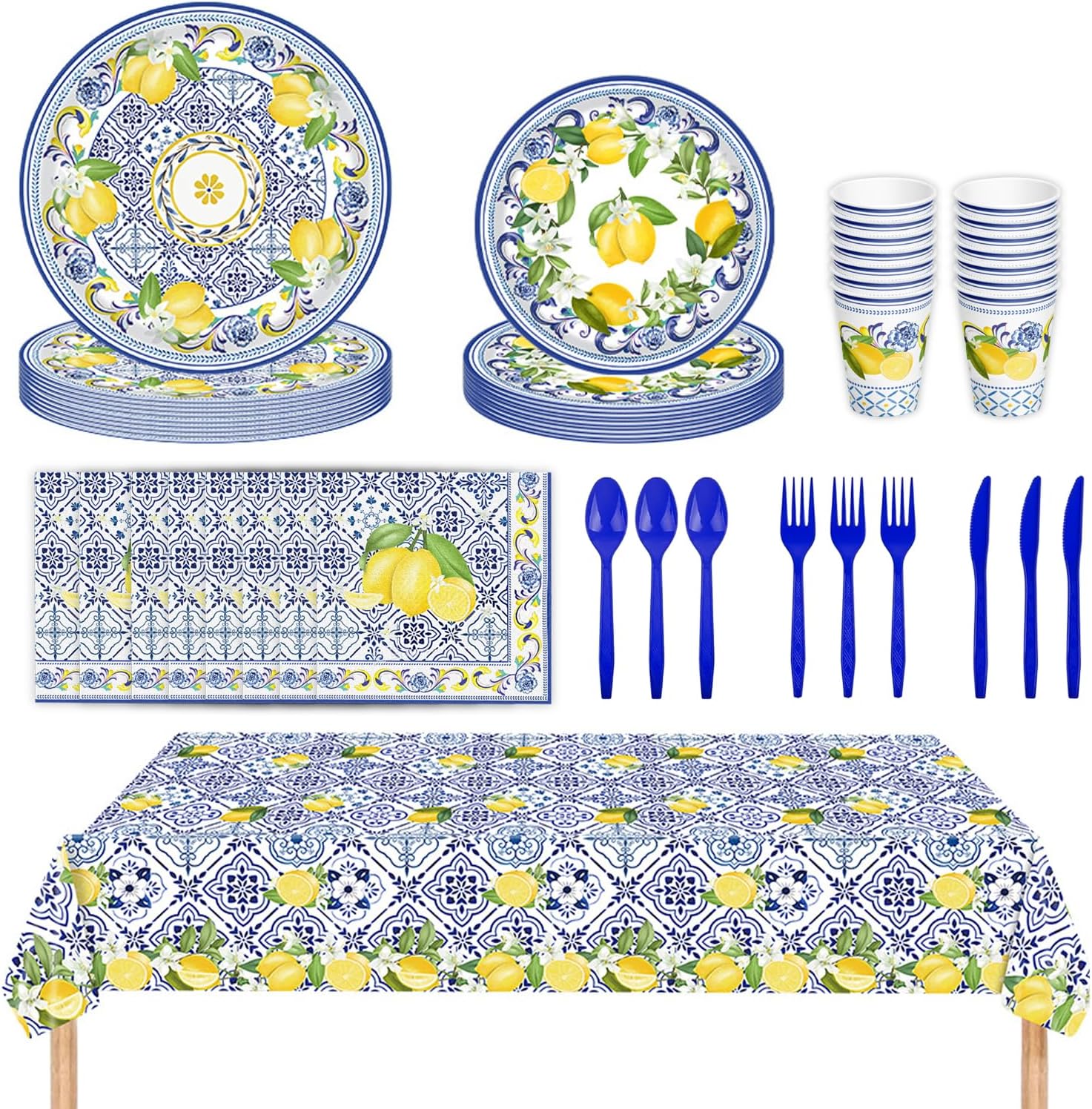 141Pcs Lemon Party Supplies for 20 Guests Blue Yellow Mediterranean Tile Theme Lemons Paper Dinner and Dessert Plates Cups Napkins Blue Plastic Cutlery Tablecloth for Summer Birthday