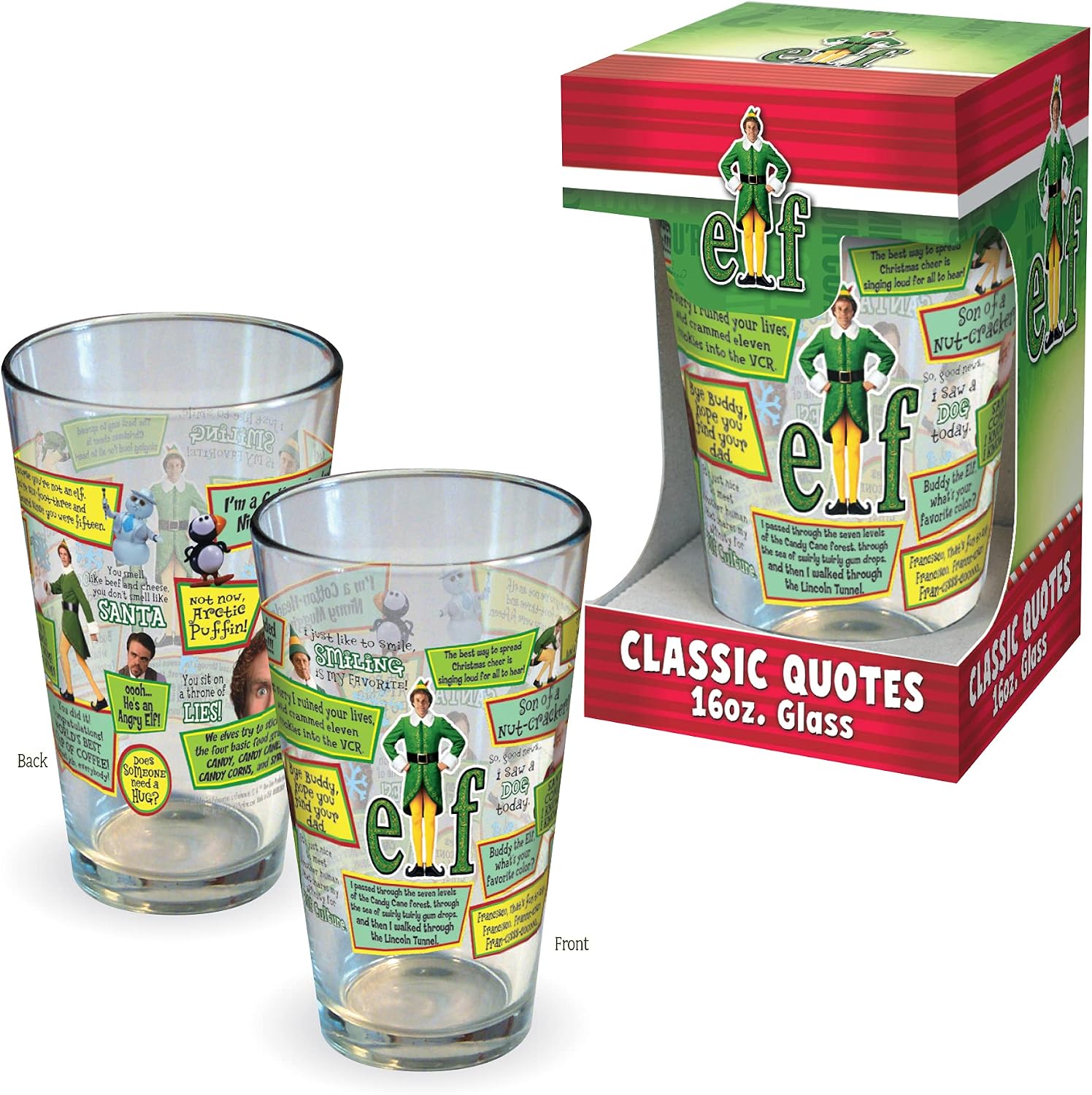 ICUP Elf The Movie Classic Quotes 16 oz Glass - Buddy the Elf Christmas Pint Glass, Holiday Movie Drinkware Gift for Kids Teens Adults